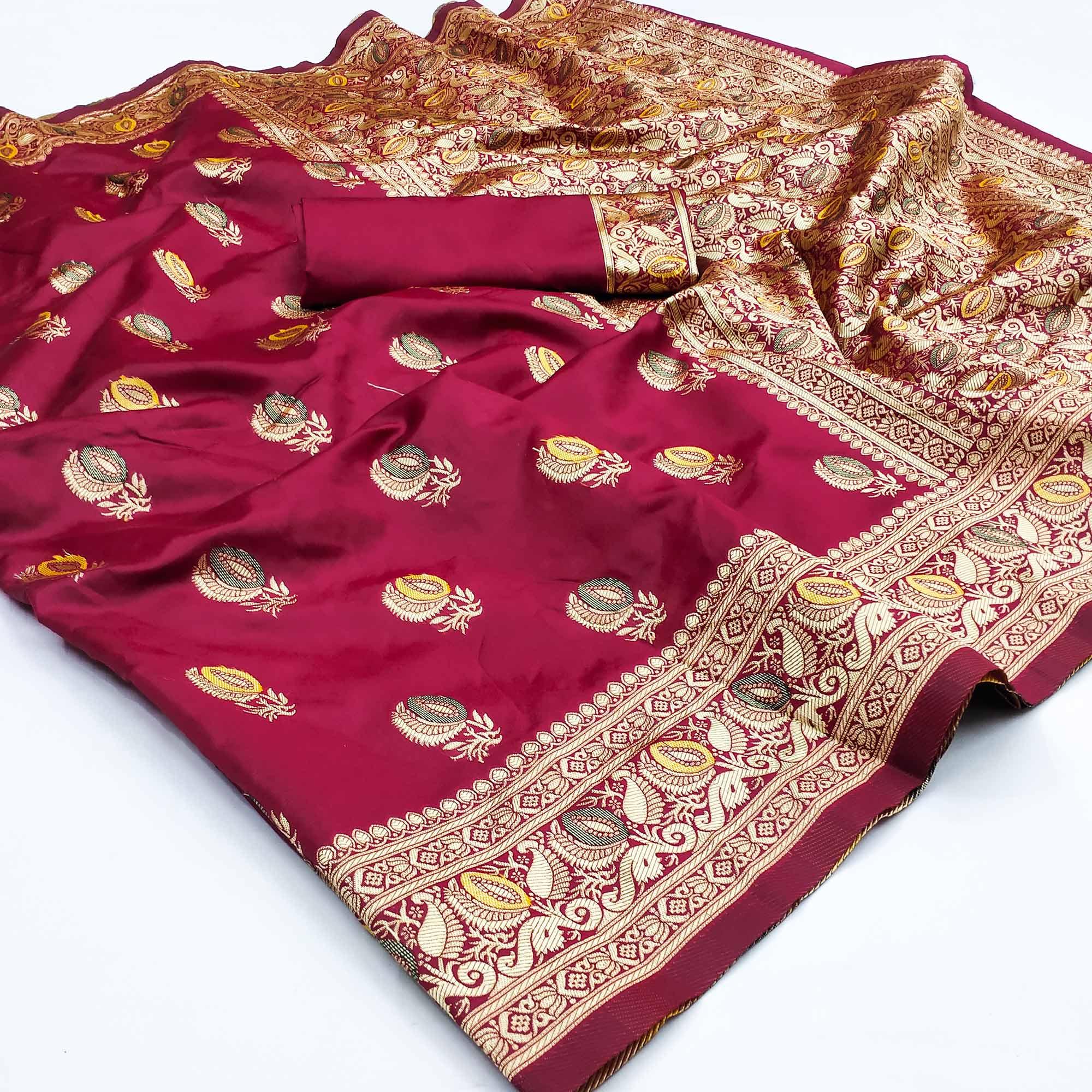 Red Festive Wear Woven Jacquard Banarasi Saree - Peachmode