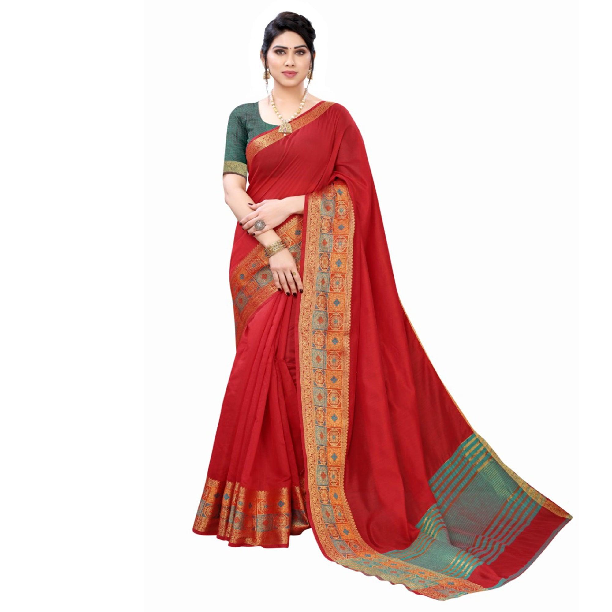 Red Festive Wear Woven Jacquard Border Cotton Saree - Peachmode