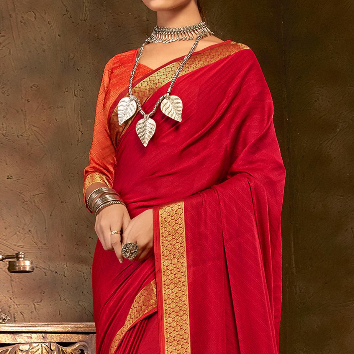 Red Festive Wear Woven Jacquard Saree - Peachmode