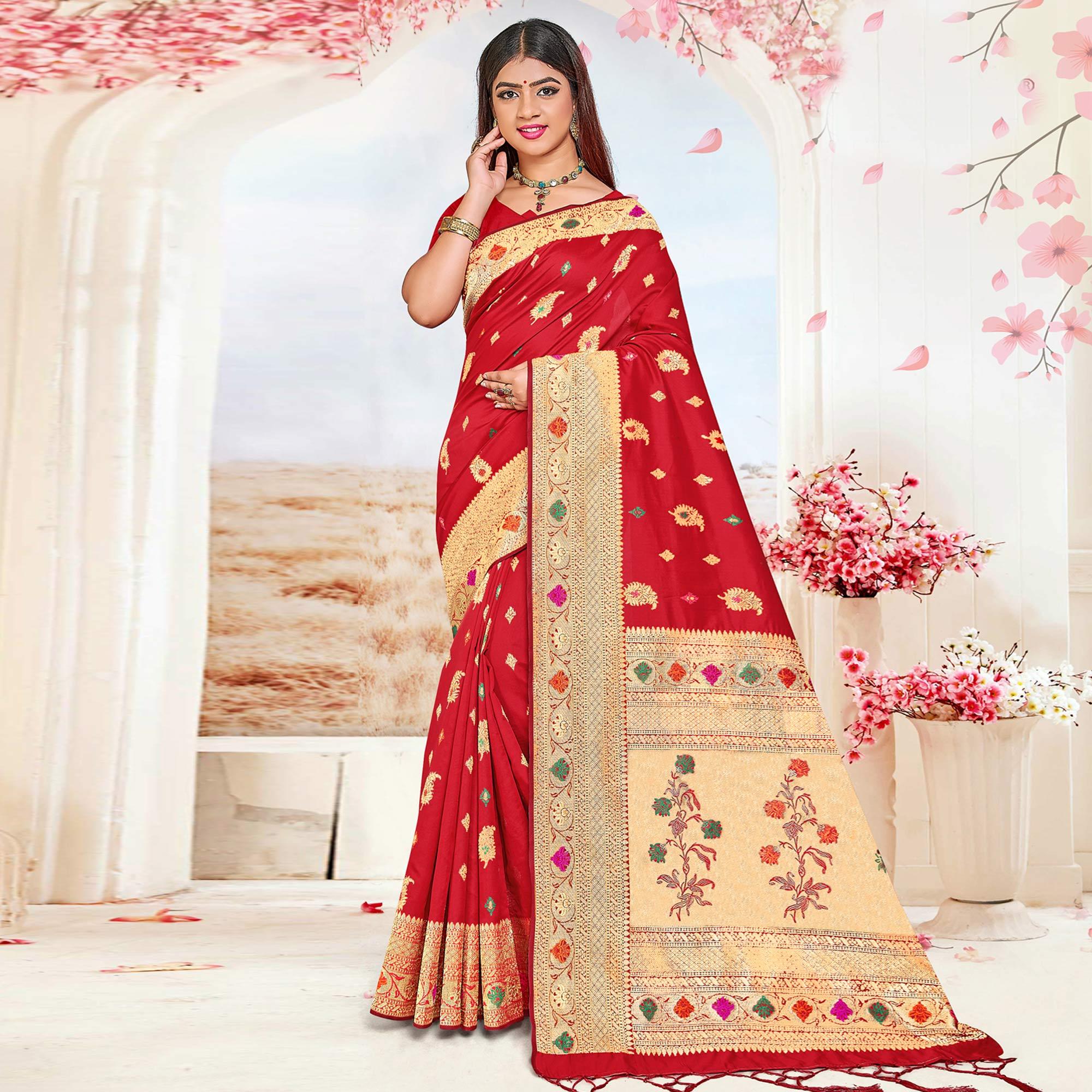 Red Festive Wear Woven Jari Border Soft Silk Saree - Peachmode
