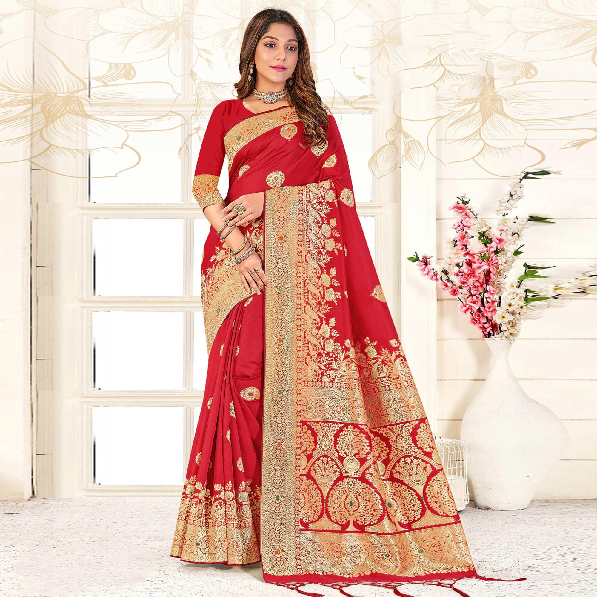 Red Festive Wear Woven Jari Border Soft Silk Saree - Peachmode