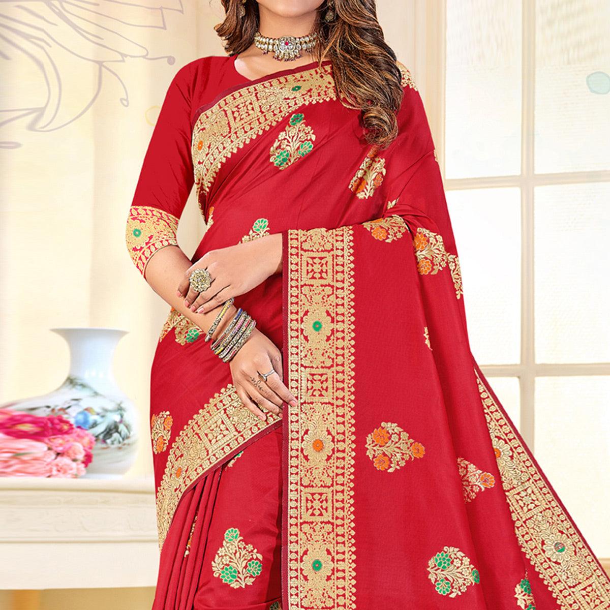 Red Festive Wear Woven Jari Border Soft Silk Saree - Peachmode