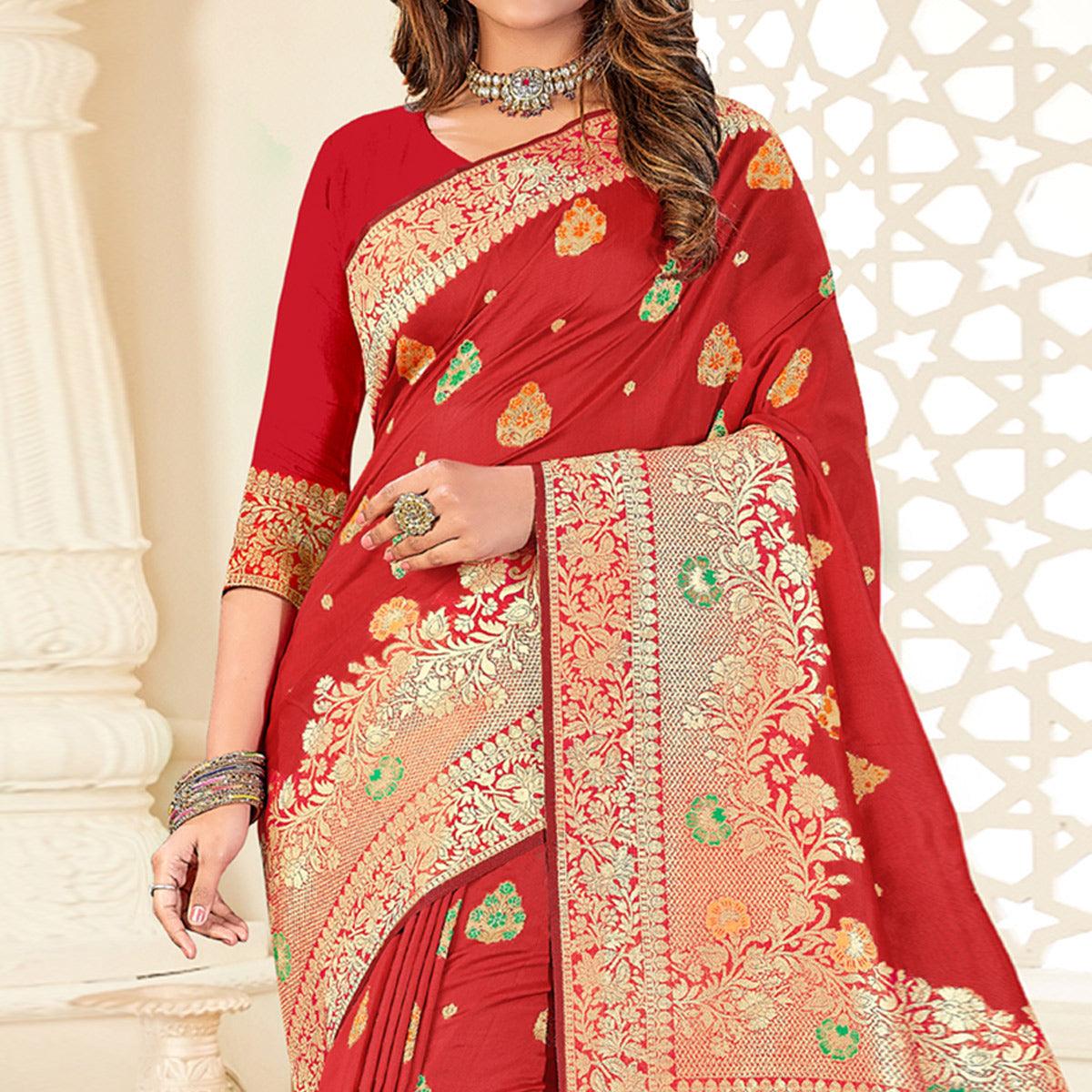 Red Festive Wear Woven Jari Border Soft Silk Saree - Peachmode