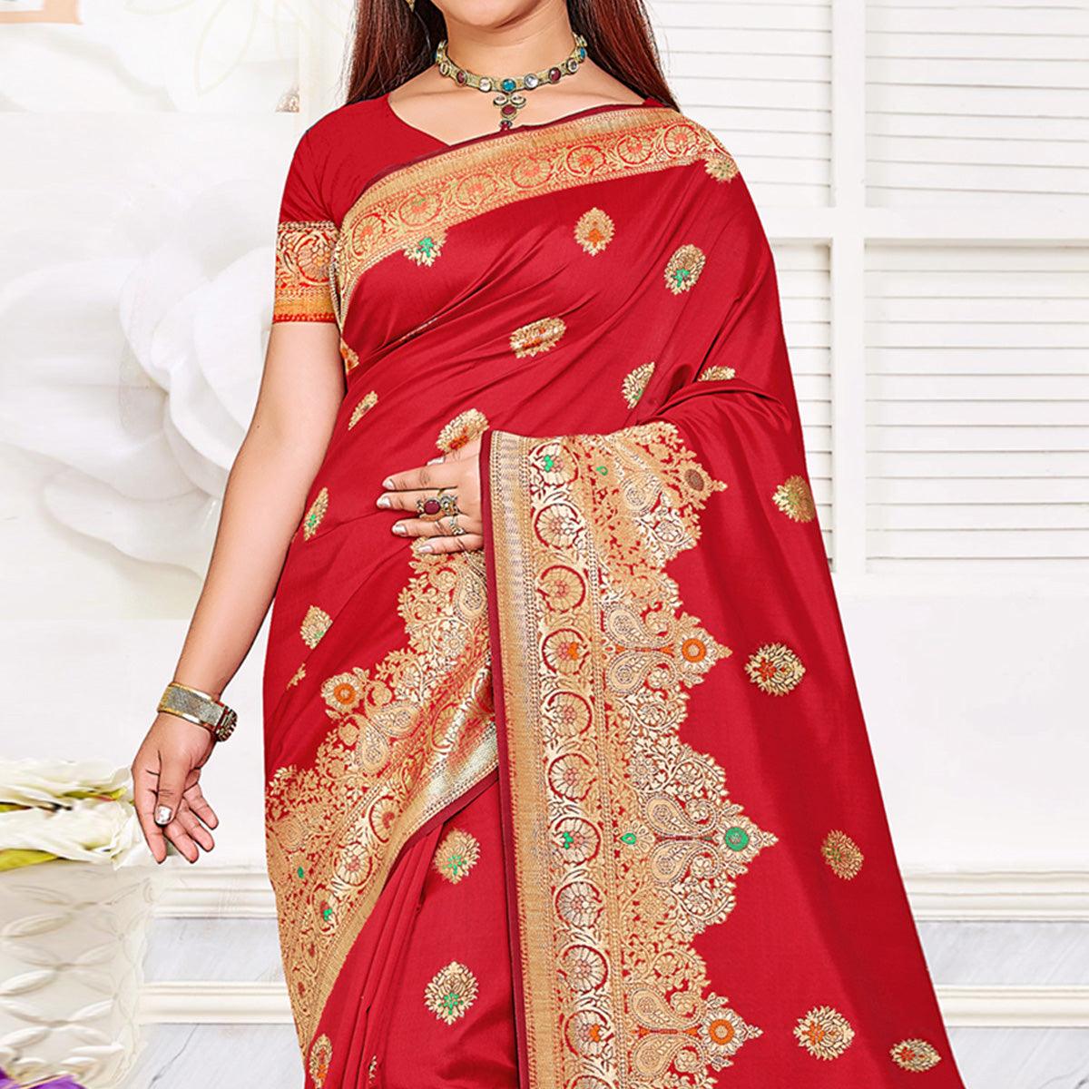 Red Festive Wear Woven Jari Border Soft Silk Saree - Peachmode