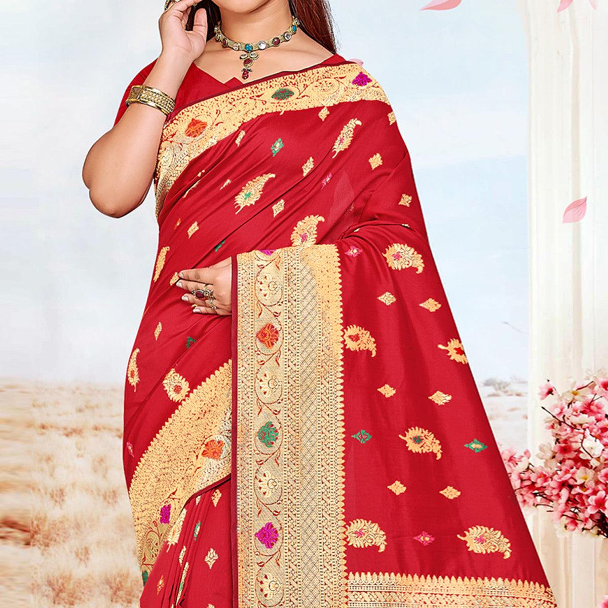 Red Festive Wear Woven Jari Border Soft Silk Saree - Peachmode