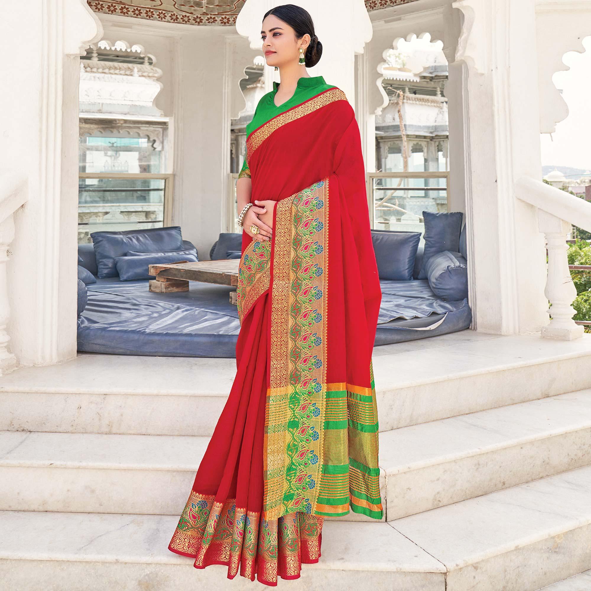 Red Festive Wear Woven Jute Saree - Peachmode