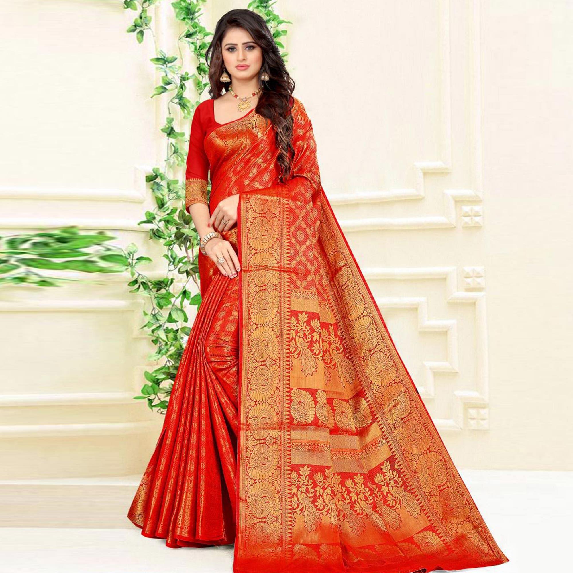 Red Festive Wear Woven Kanjeevaram Silk Saree - Peachmode