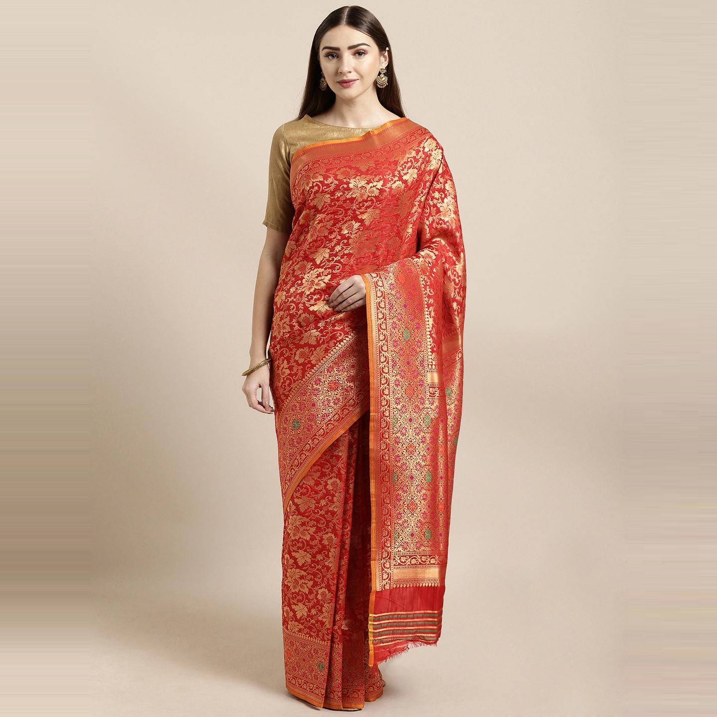 Red Festive Wear Woven Kanjivaram Silk Saree - Peachmode