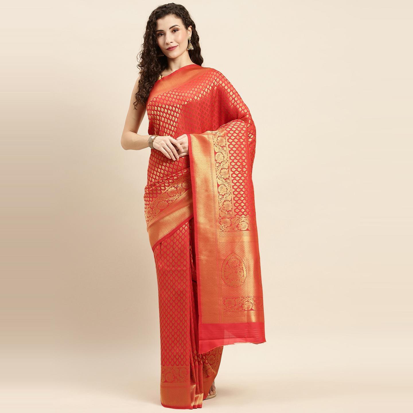 Red Festive Wear Woven Kanjivaram Silk Saree - Peachmode