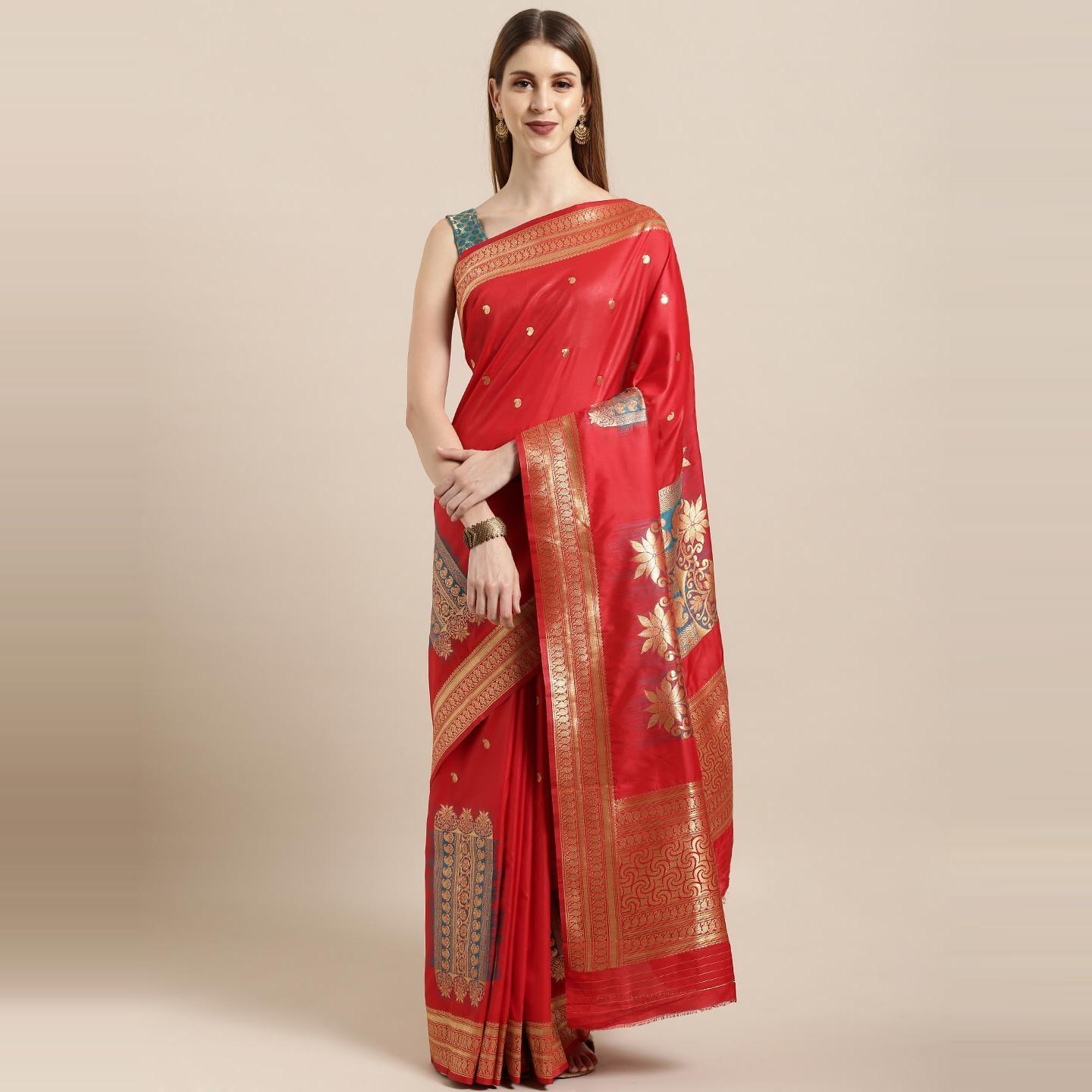Red Festive Wear Woven Kanjivaram Silk Saree - Peachmode