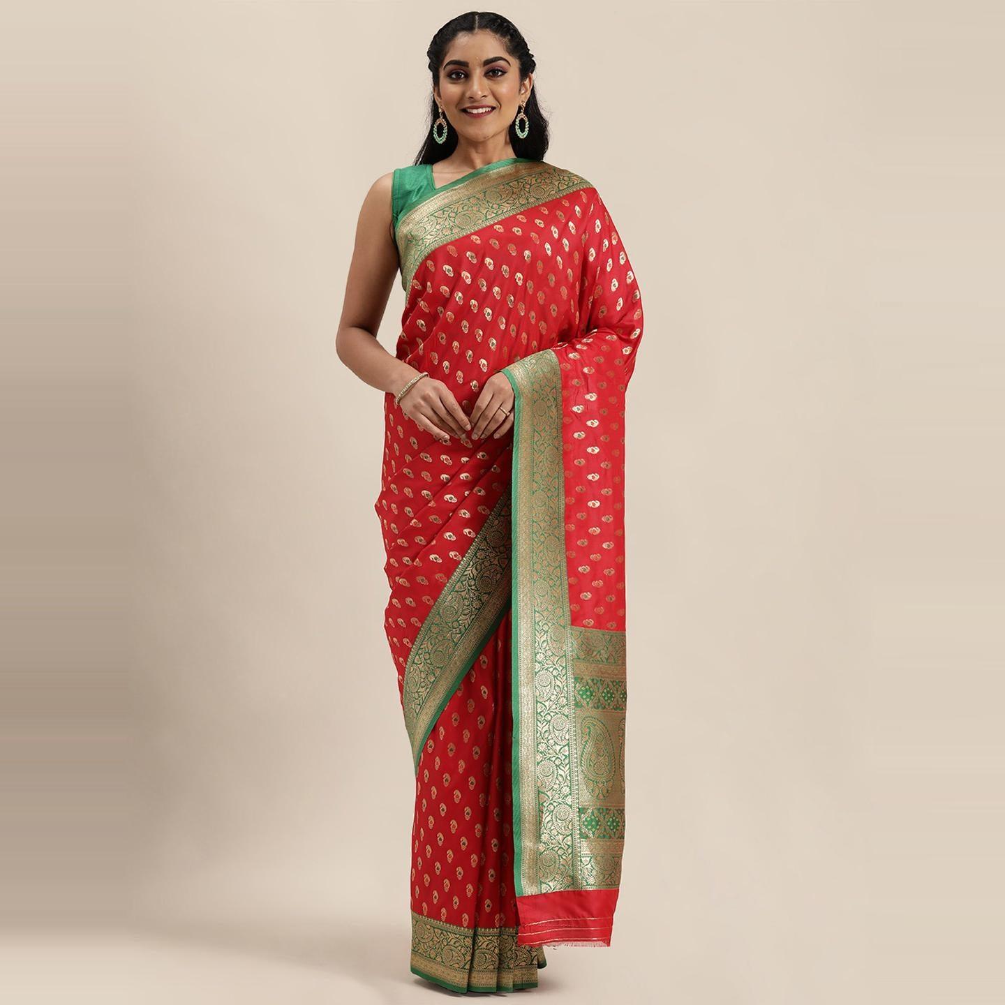 Red Festive Wear Woven Kanjivaram Silk Saree - Peachmode