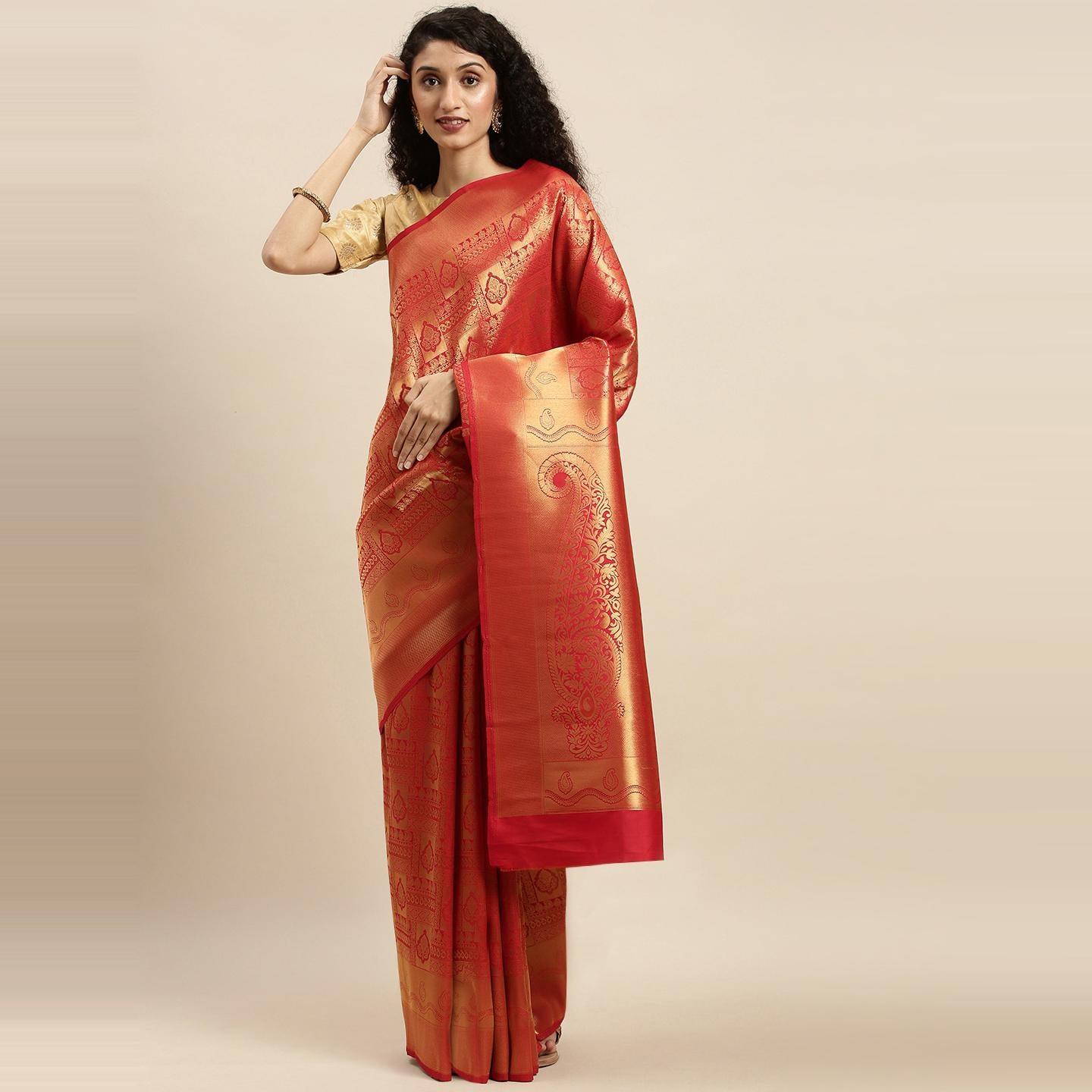 Red Festive Wear Woven Kanjivaram Silk Saree - Peachmode
