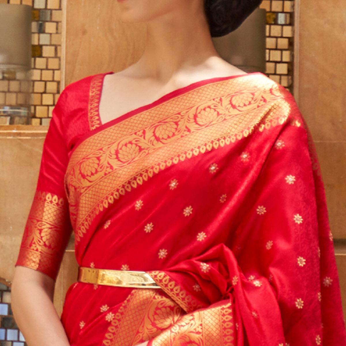 Red Festive Wear Woven Kanjivaram Silk Saree - Peachmode
