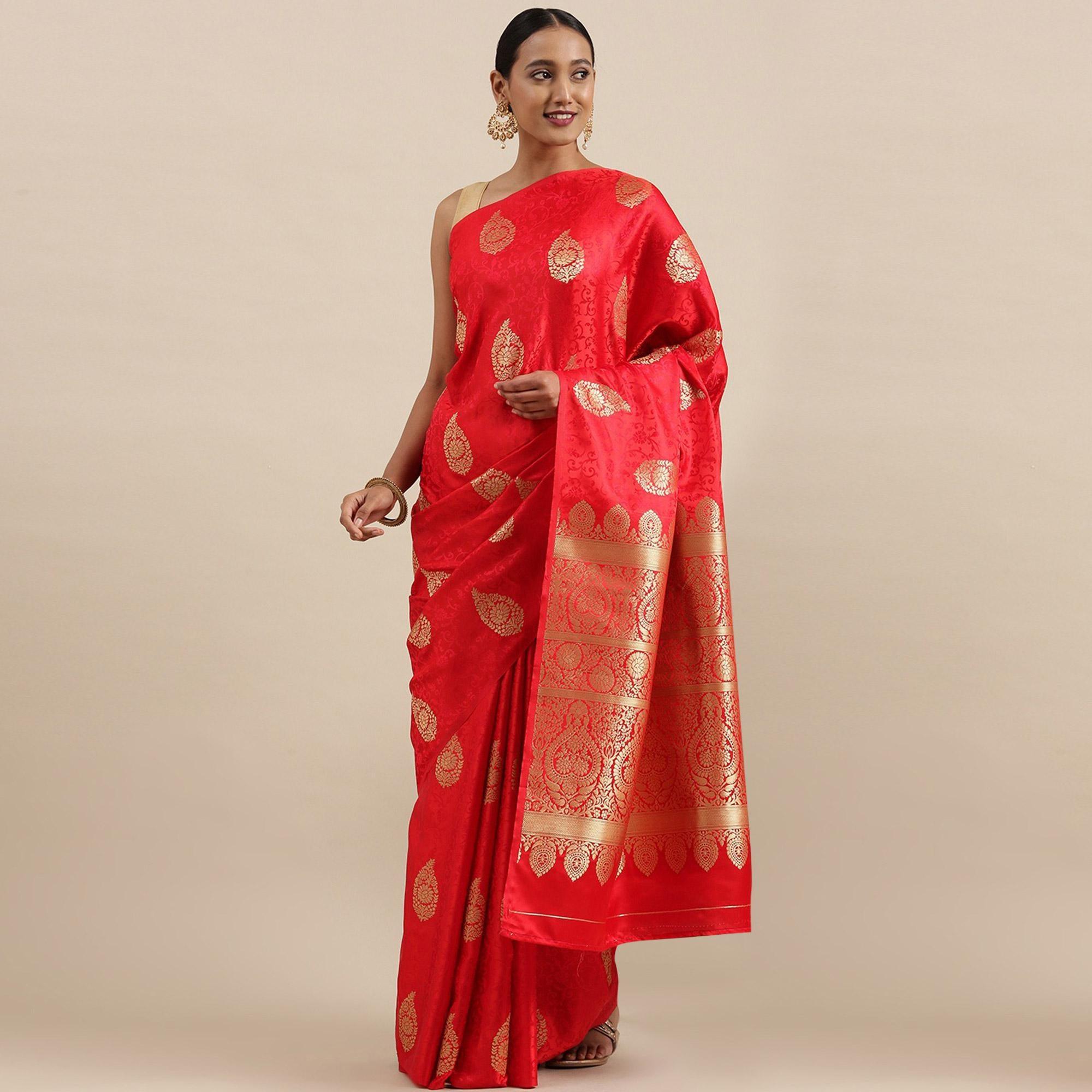 Red Festive Wear Woven Kanjivaram Silk Saree - Peachmode