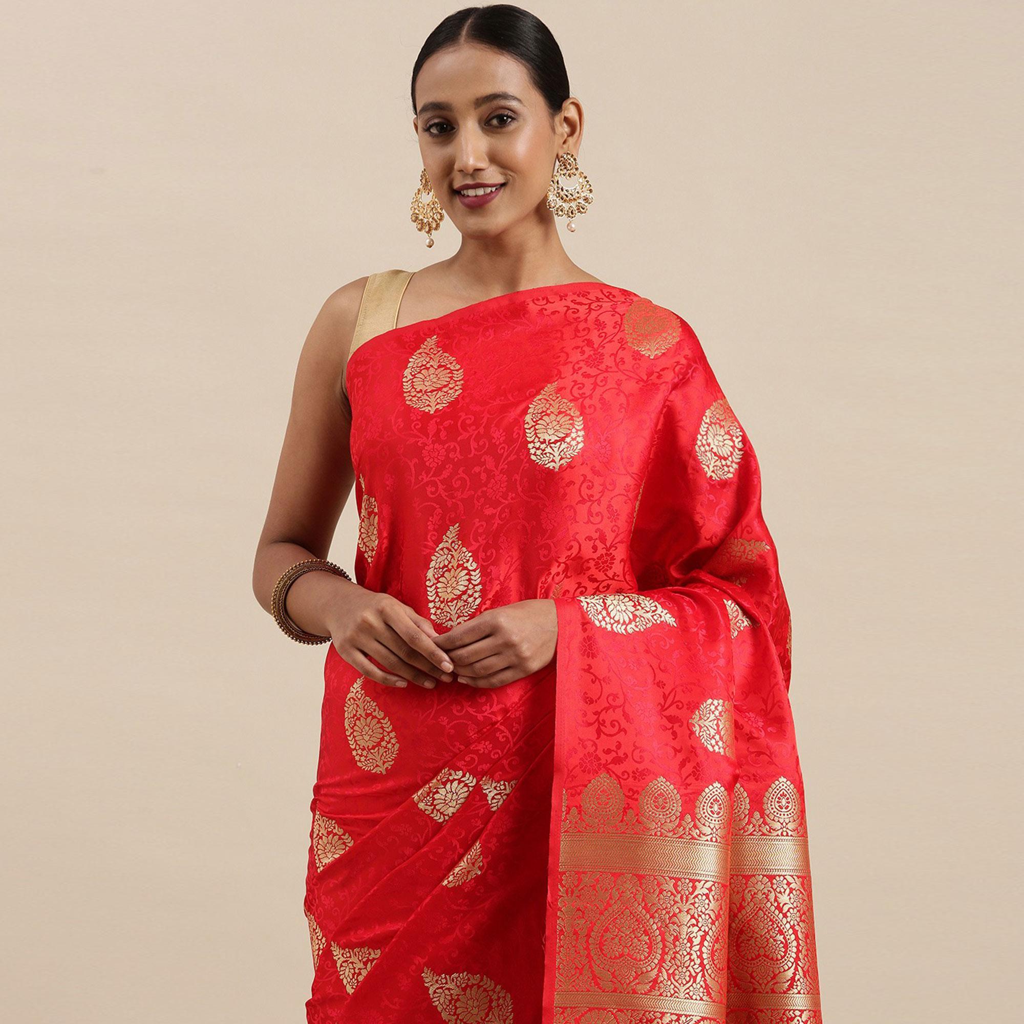 Red Festive Wear Woven Kanjivaram Silk Saree - Peachmode