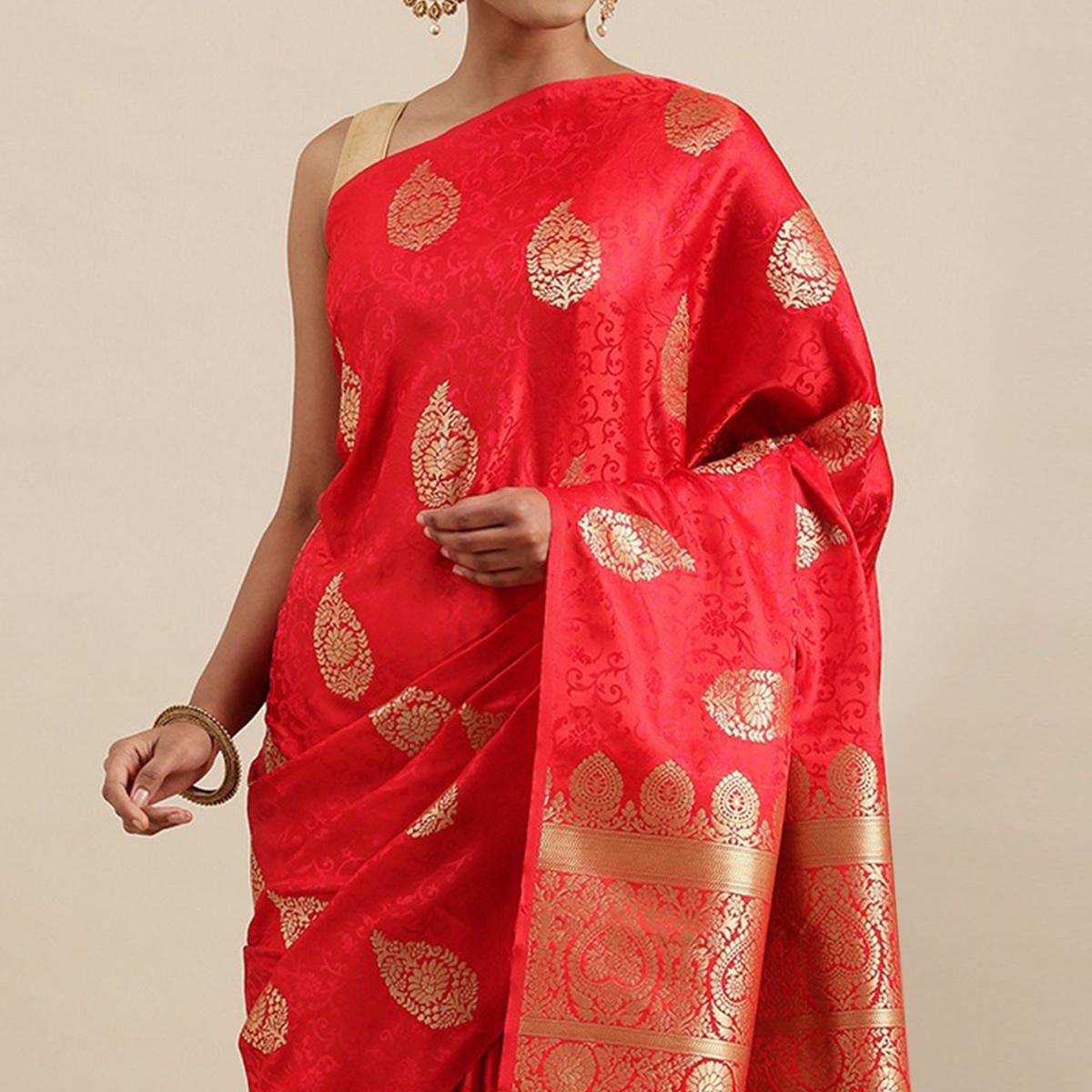 Red Festive Wear Woven Kanjivaram Silk Saree - Peachmode