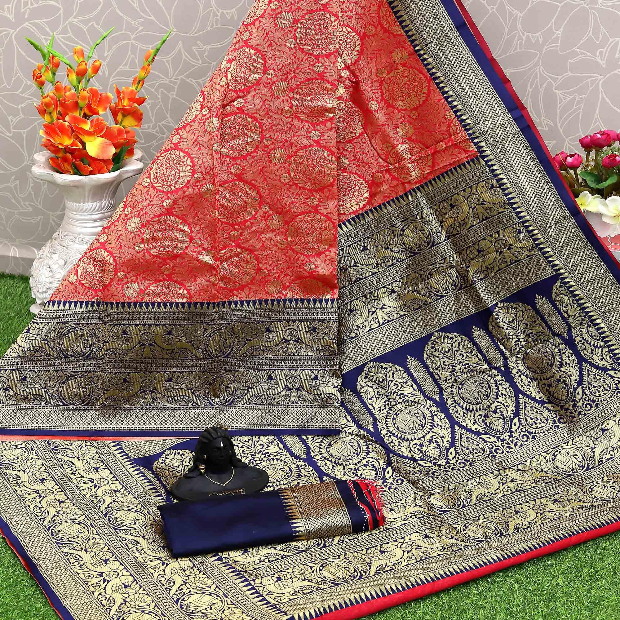 Red Festive Wear Woven Kota Litchi Banarasi Art Silk Saree - Peachmode
