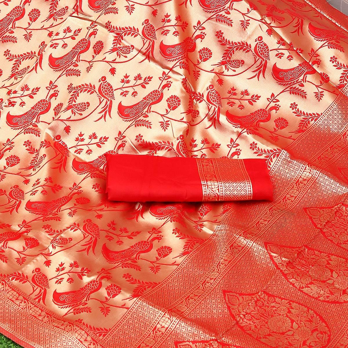 Red Festive Wear Woven Kota Litchi Banarasi Art Silk Saree - Peachmode