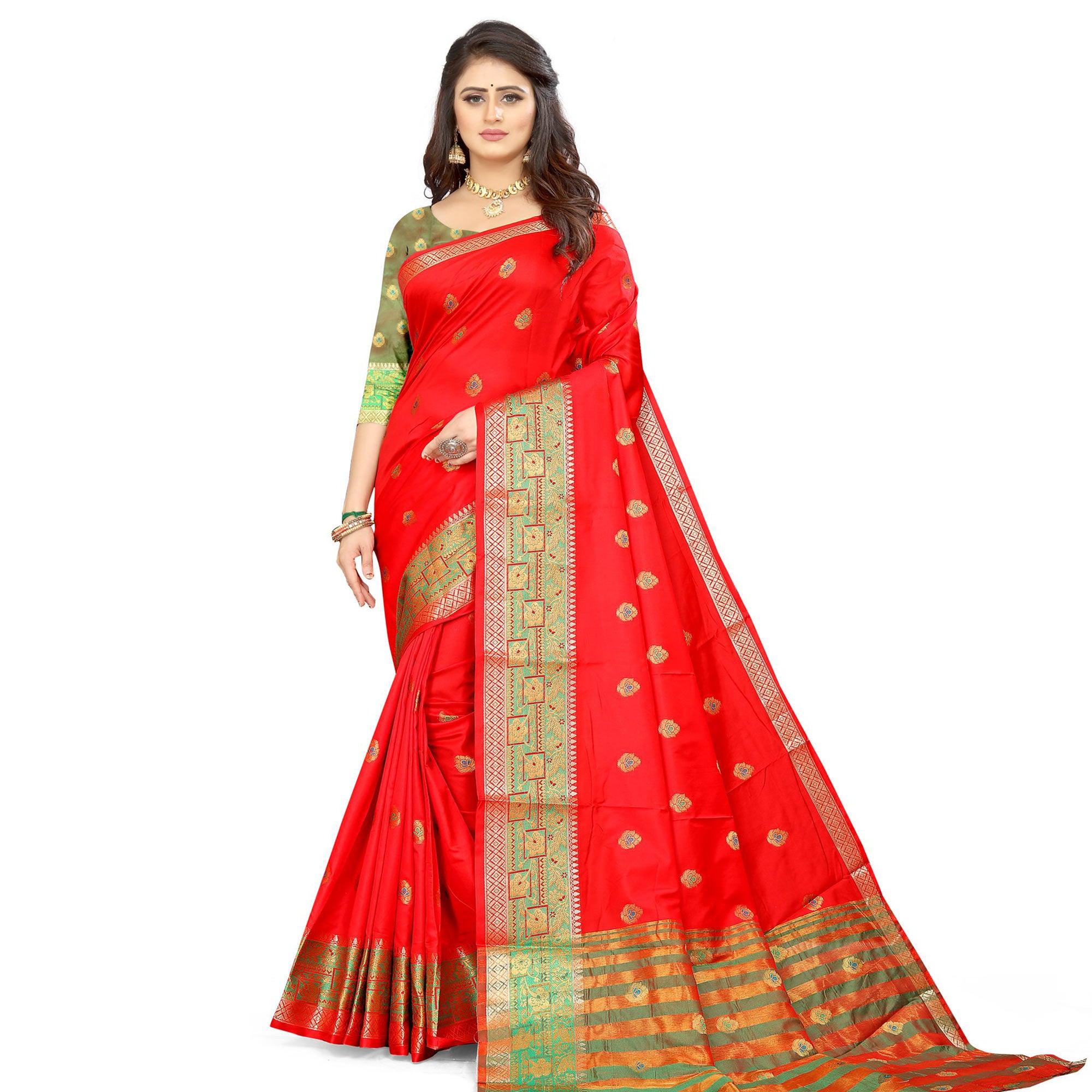 Red Festive Wear Woven Maithili Silk Saree - Peachmode
