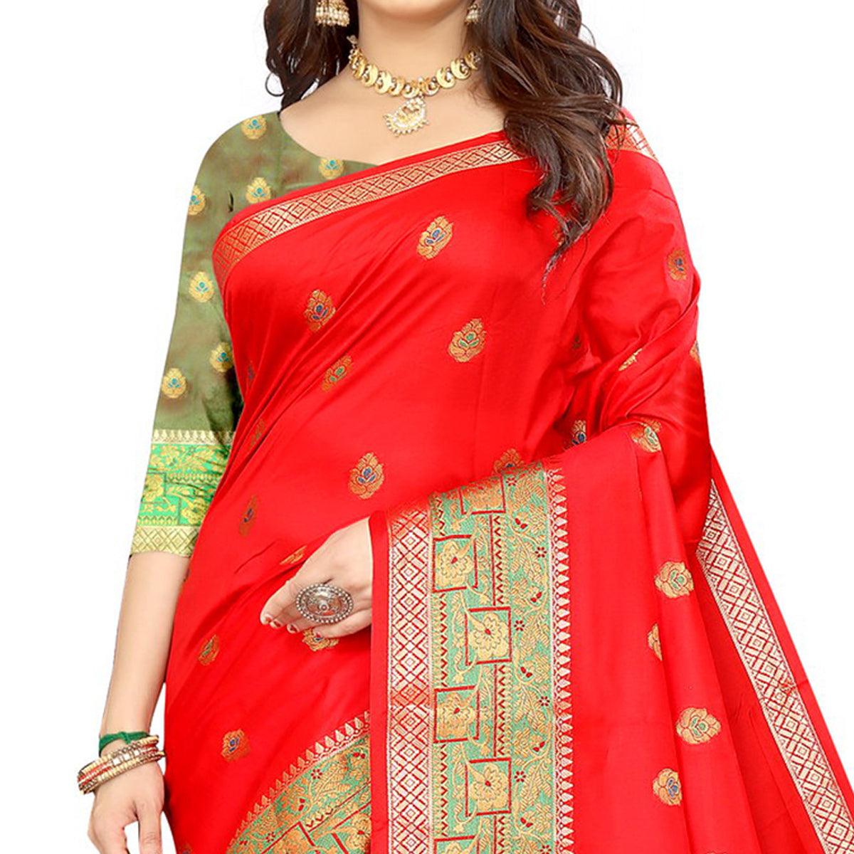 Red Festive Wear Woven Maithili Silk Saree - Peachmode