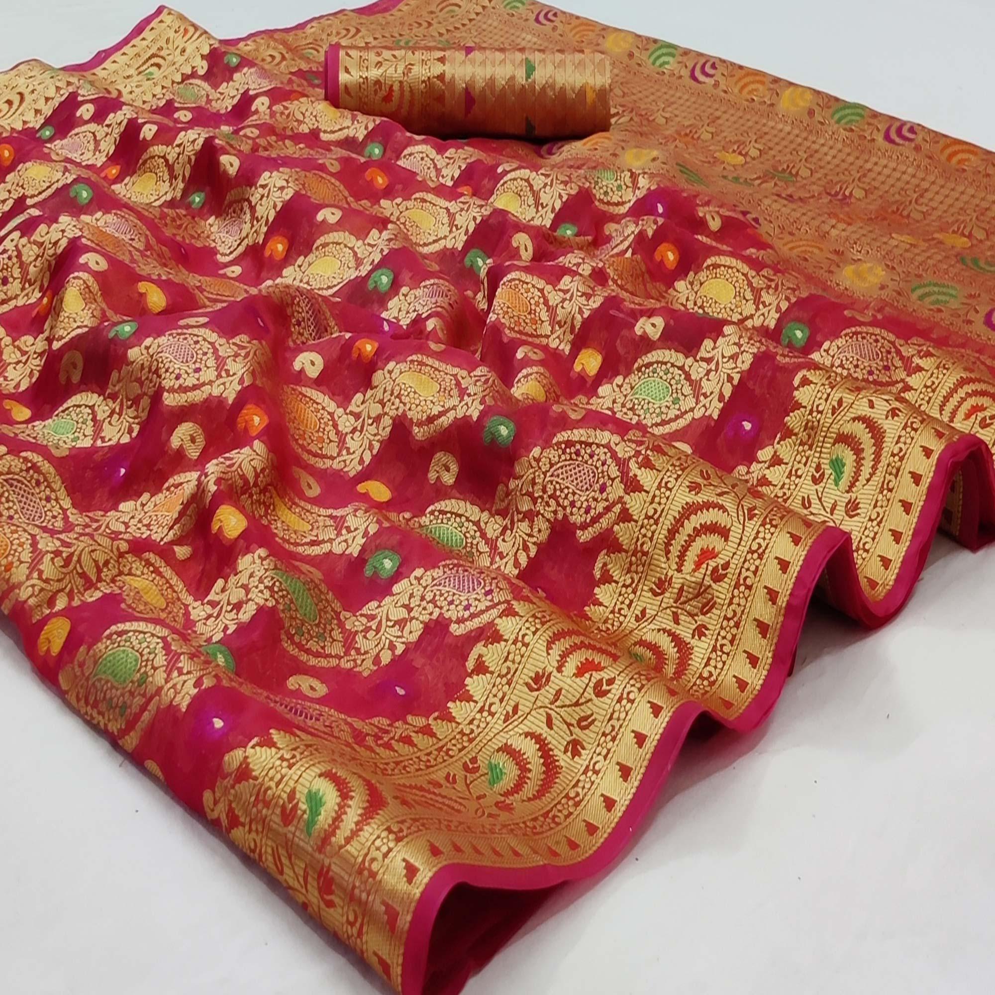 Red Festive Wear Woven Organza Saree - Peachmode