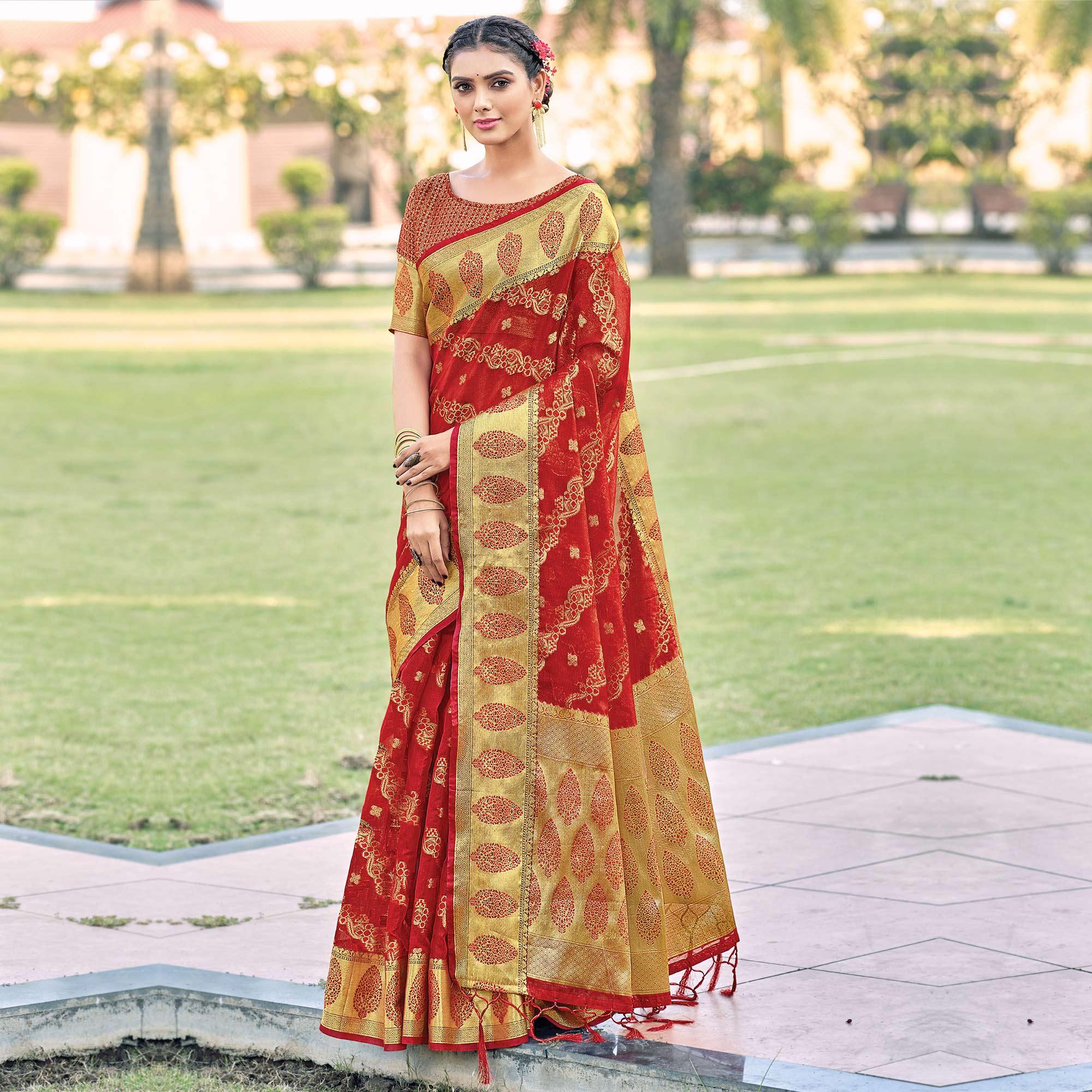 Red Festive Wear Woven Organza Saree - Peachmode