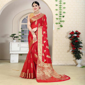 Red Festive Wear Woven Organza Saree - Peachmode