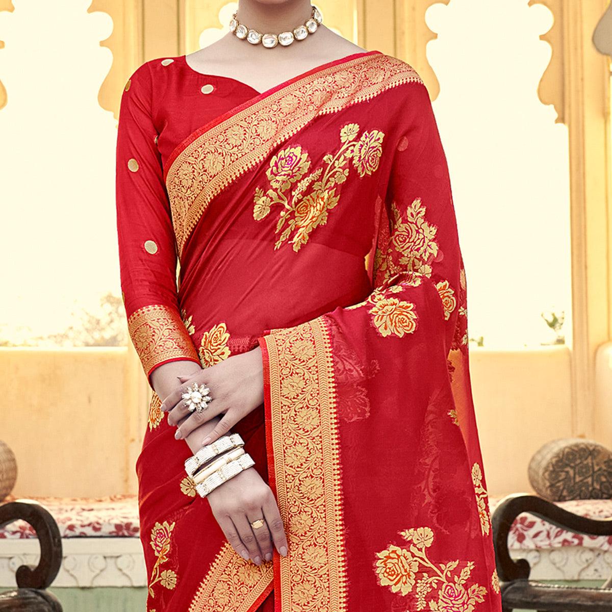 Red Festive Wear Woven Organza Saree - Peachmode
