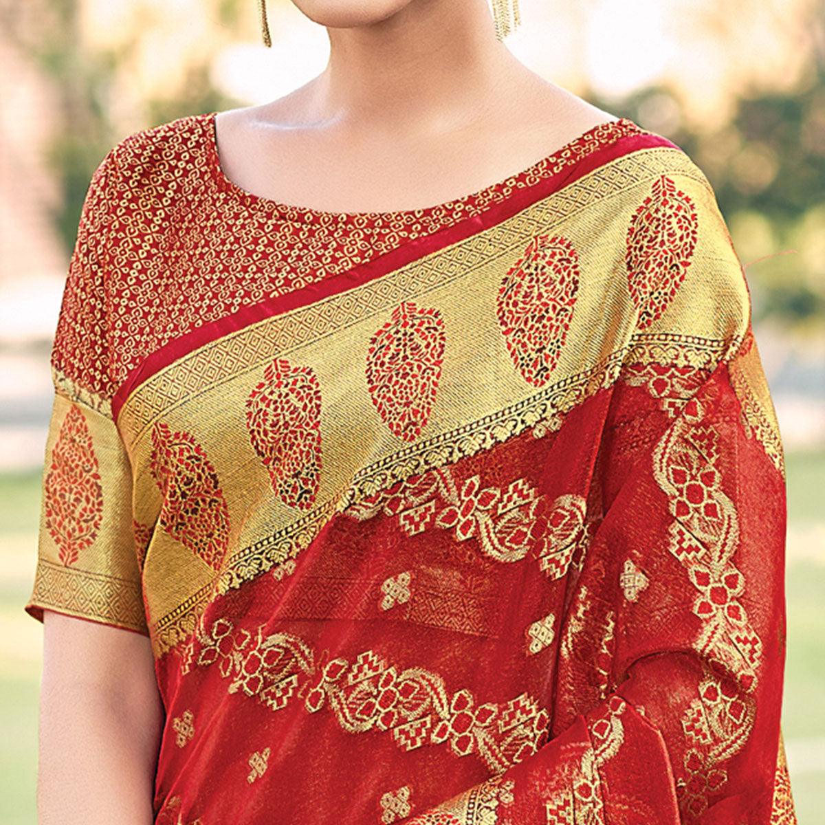 Red Festive Wear Woven Organza Saree - Peachmode