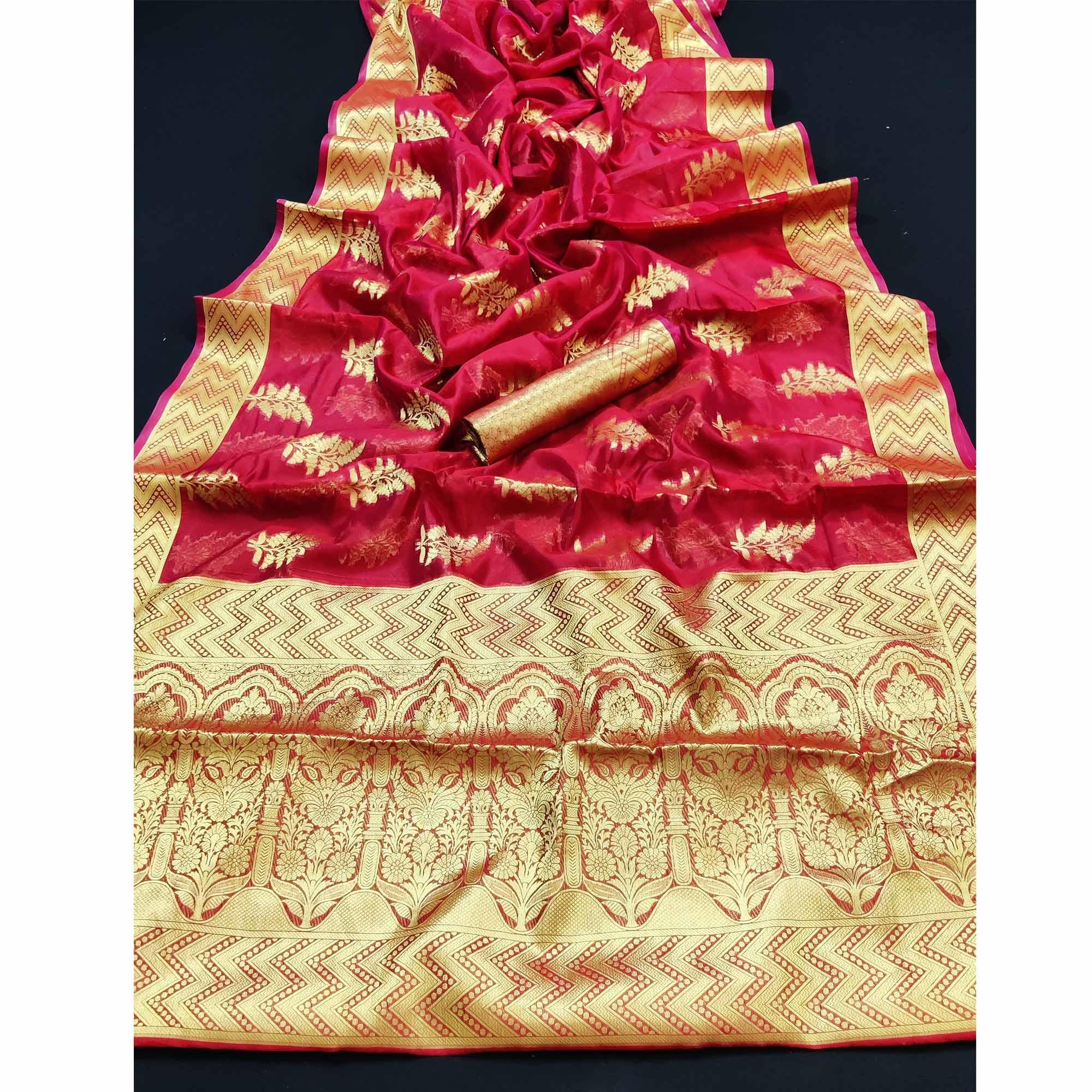 Red Festive Wear Woven Organza Saree - Peachmode