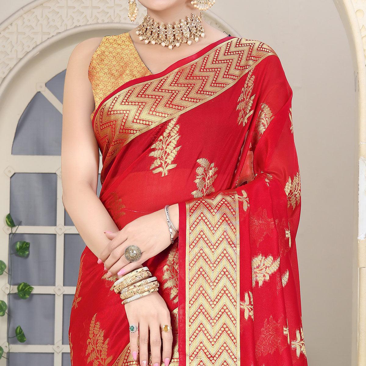 Red Festive Wear Woven Organza Saree - Peachmode