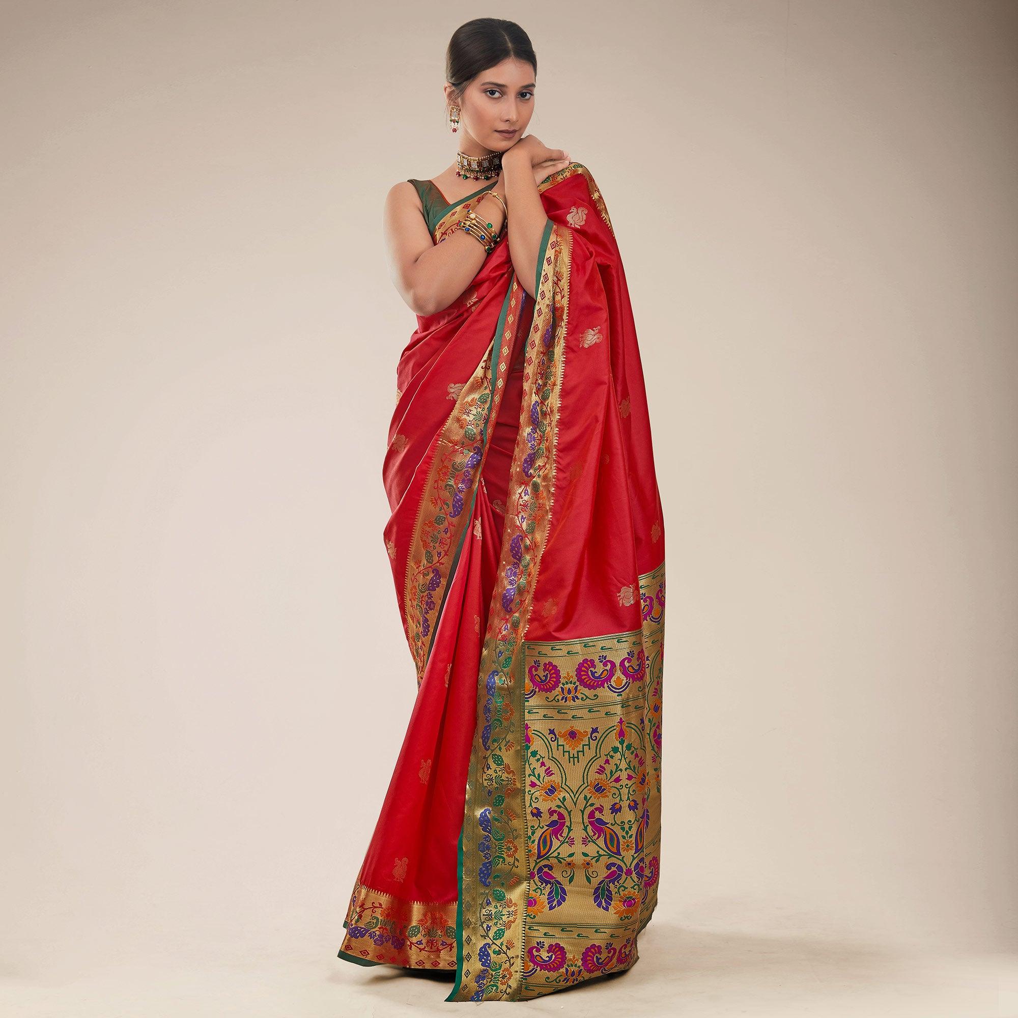 Red Festive Wear Woven Paithani Pallu Silk Saree - Peachmode