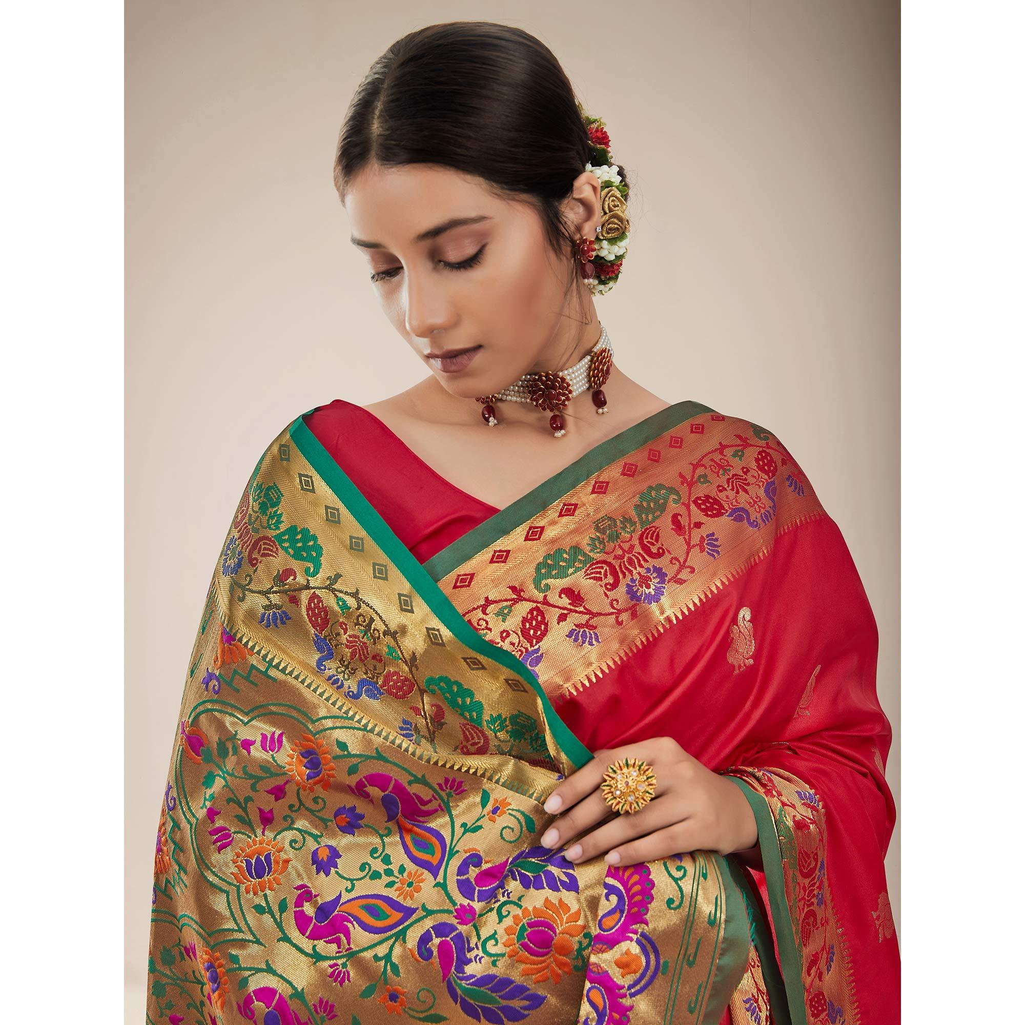 Red Festive Wear Woven Paithani Pallu Silk Saree - Peachmode