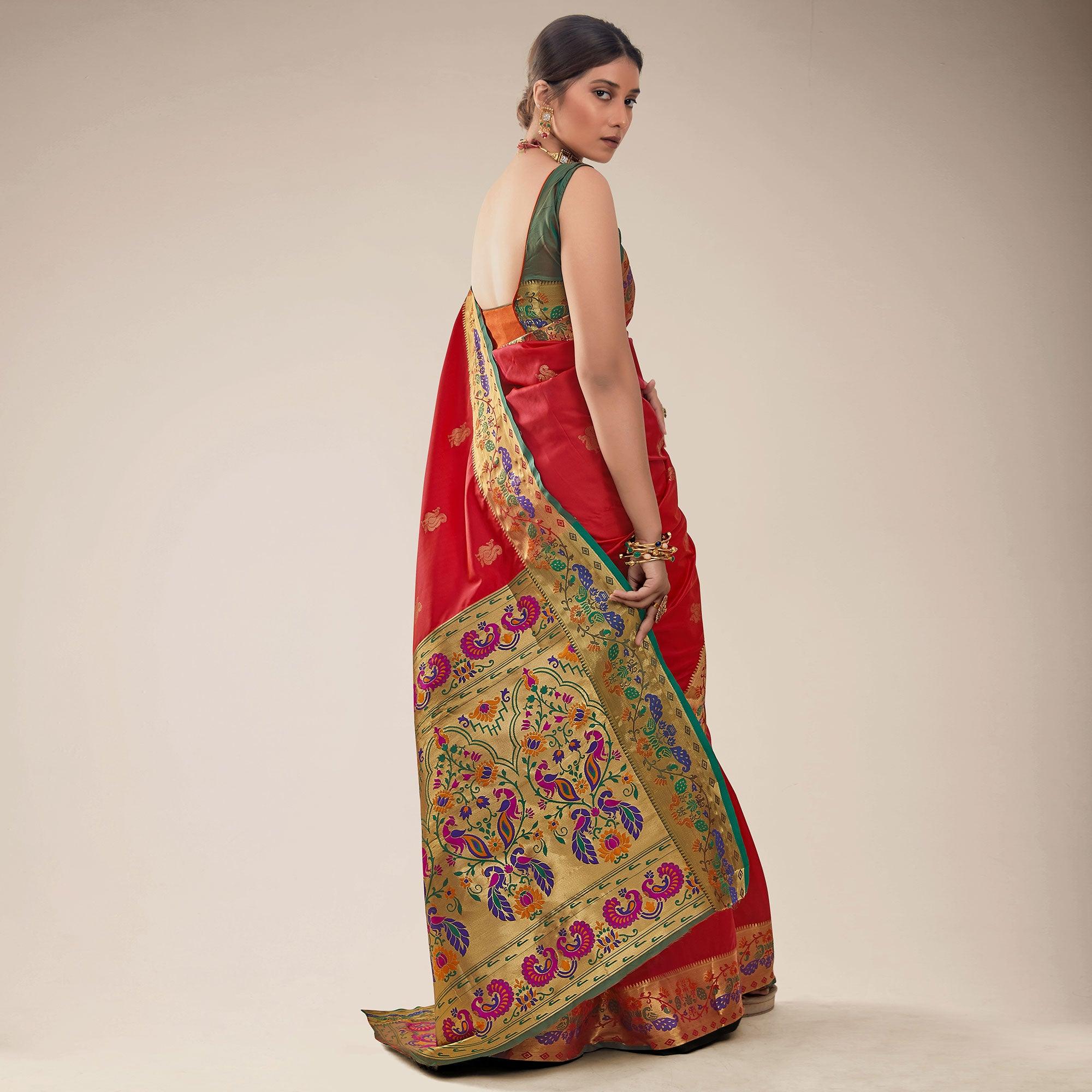 Red Festive Wear Woven Paithani Pallu Silk Saree - Peachmode