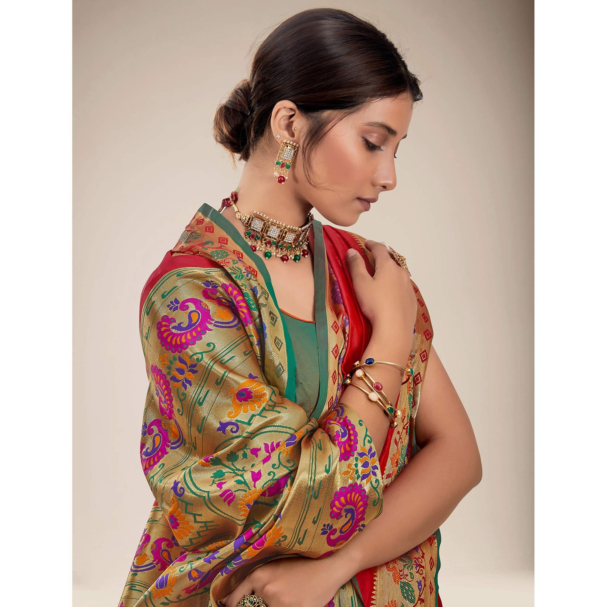 Red Festive Wear Woven Paithani Pallu Silk Saree - Peachmode