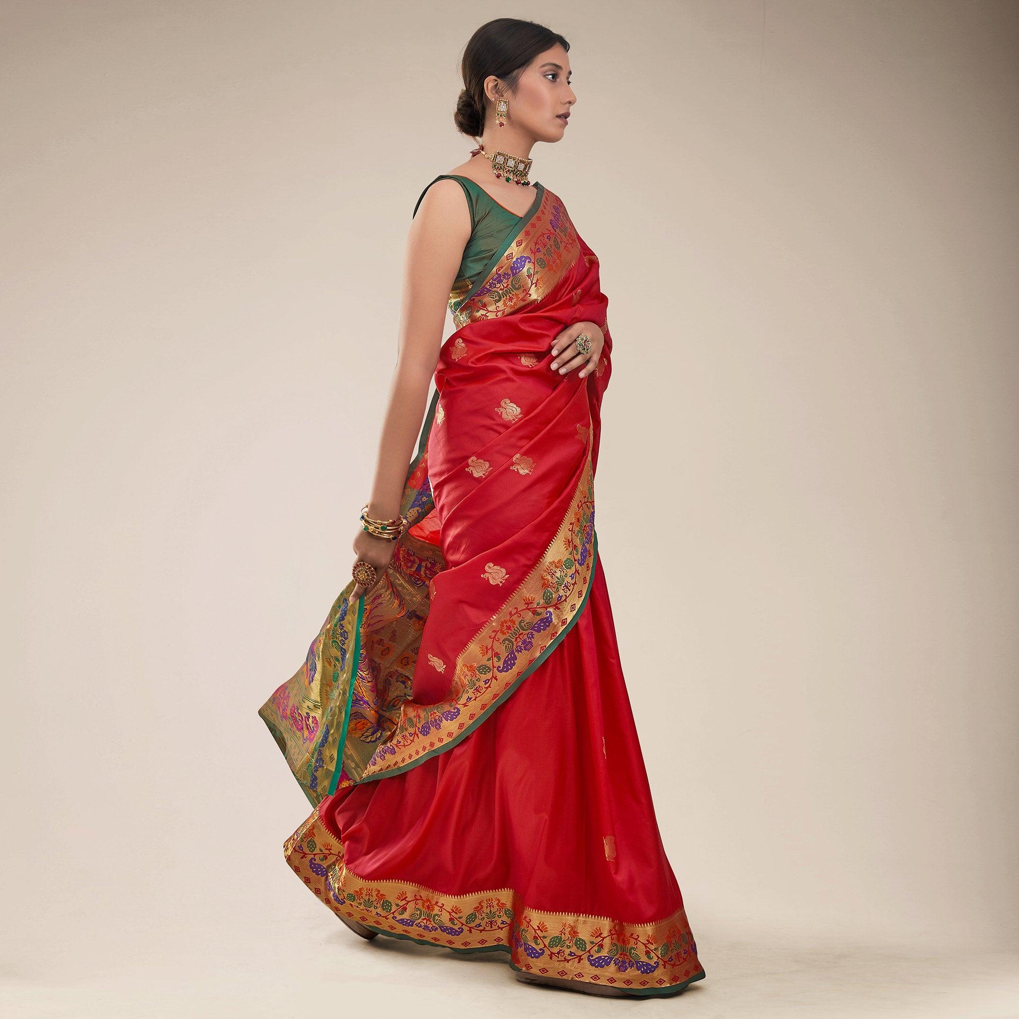 Red Festive Wear Woven Paithani Pallu Silk Saree - Peachmode