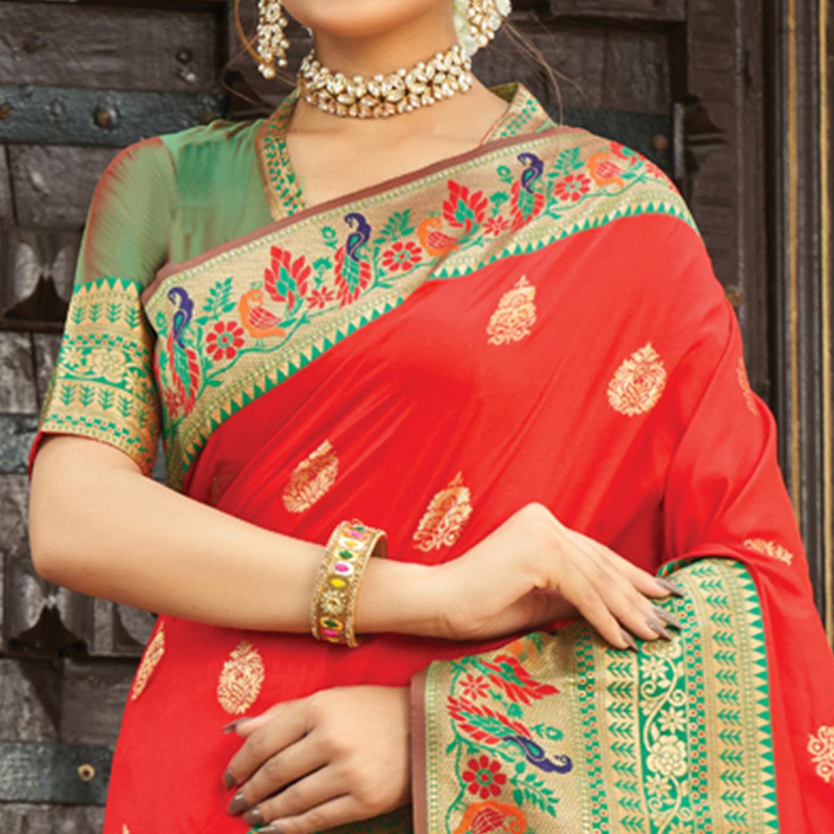 Red Festive Wear Woven Paithani Silk Saree - Peachmode