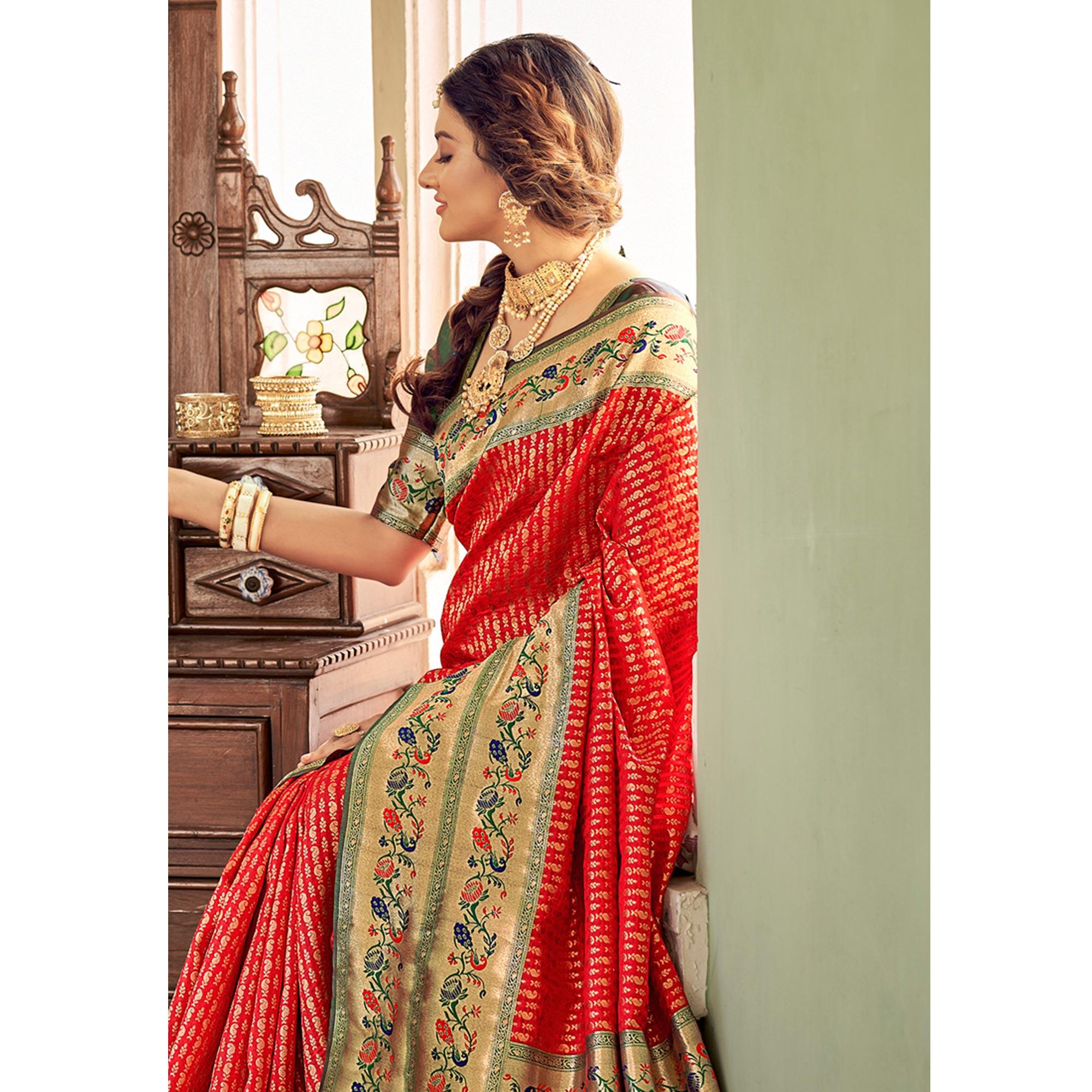 Red Festive Wear Woven Paithani Silk Saree - Peachmode