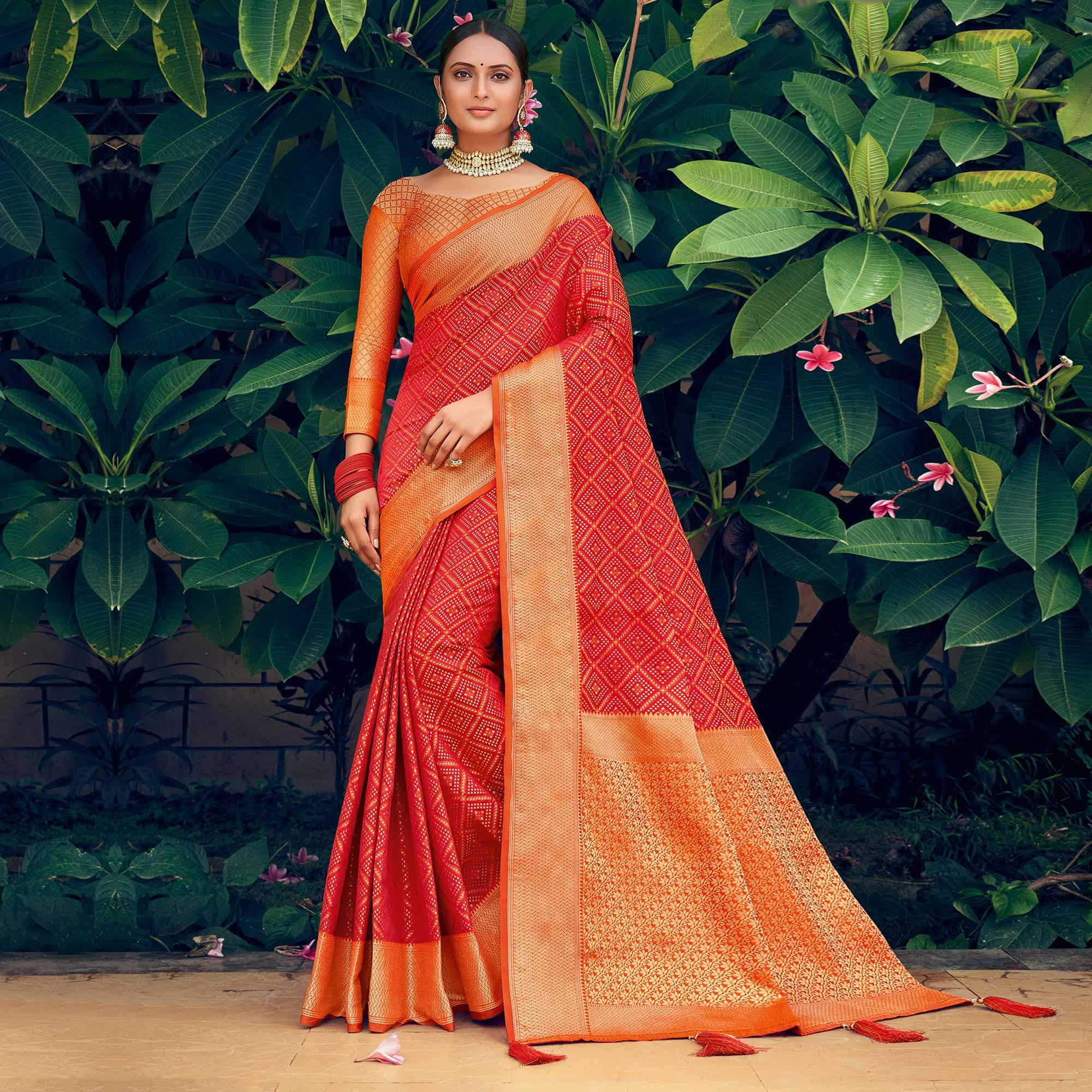 Red Festive Wear Woven Patola Silk Saree - Peachmode