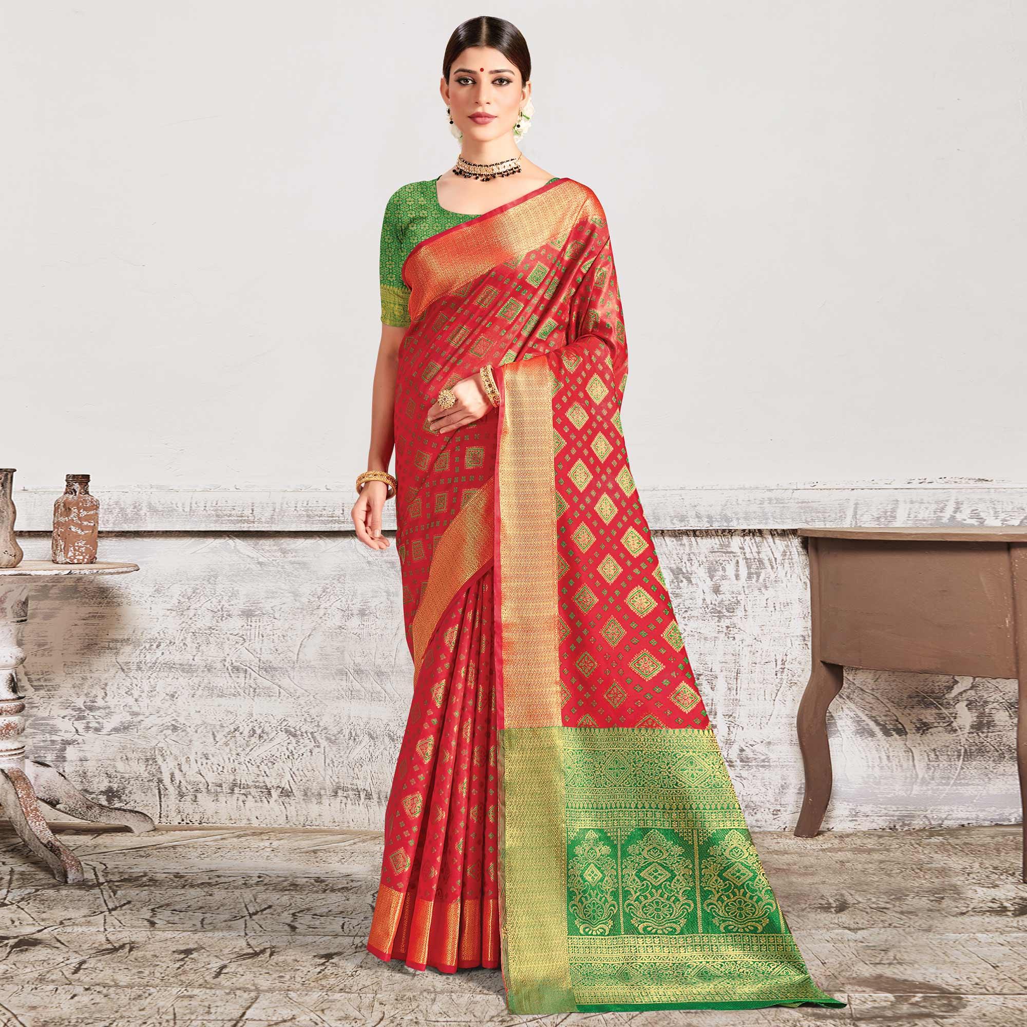 Red Festive Wear Woven Patola Silk Saree - Peachmode