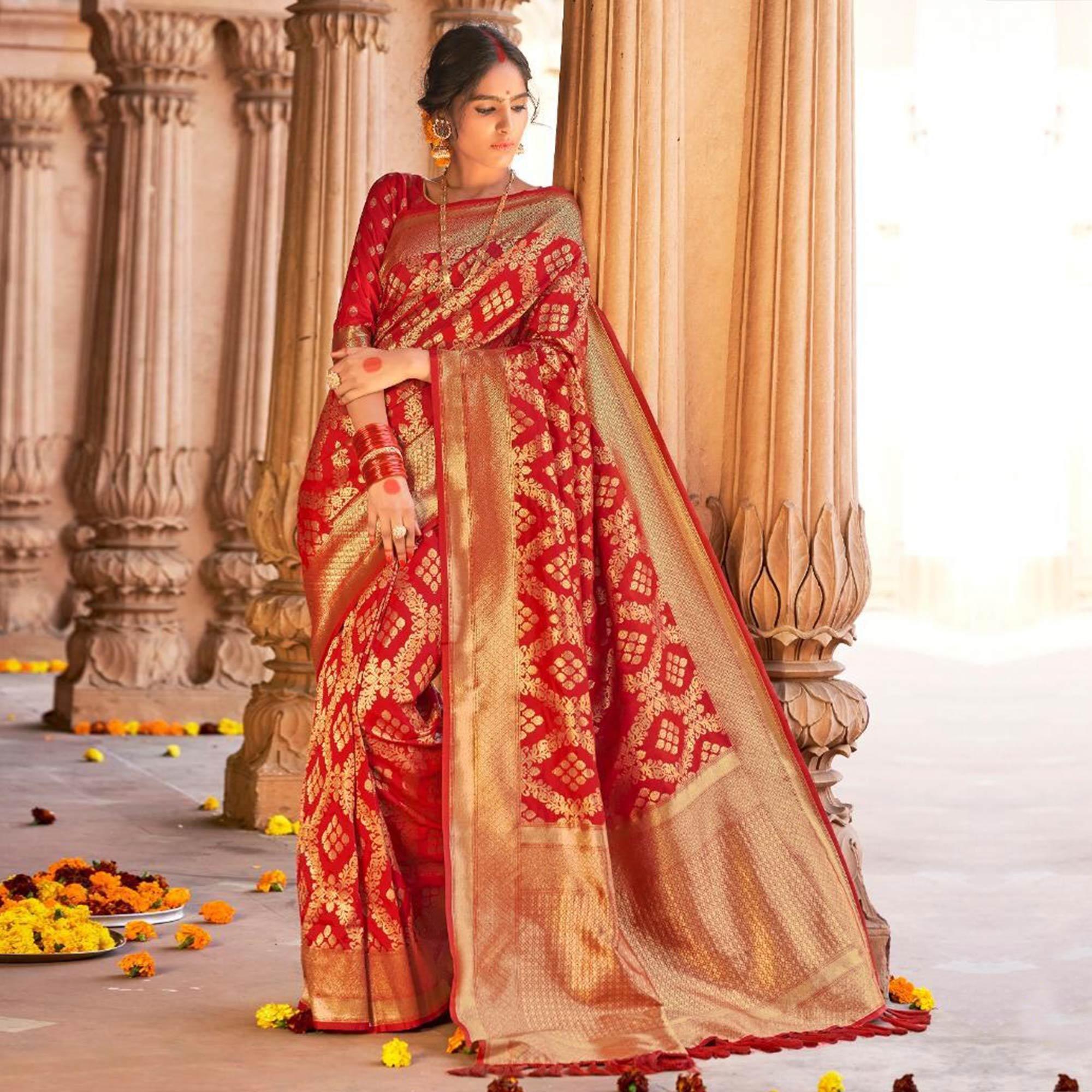 Red Festive Wear Woven Pure Satin Saree - Peachmode