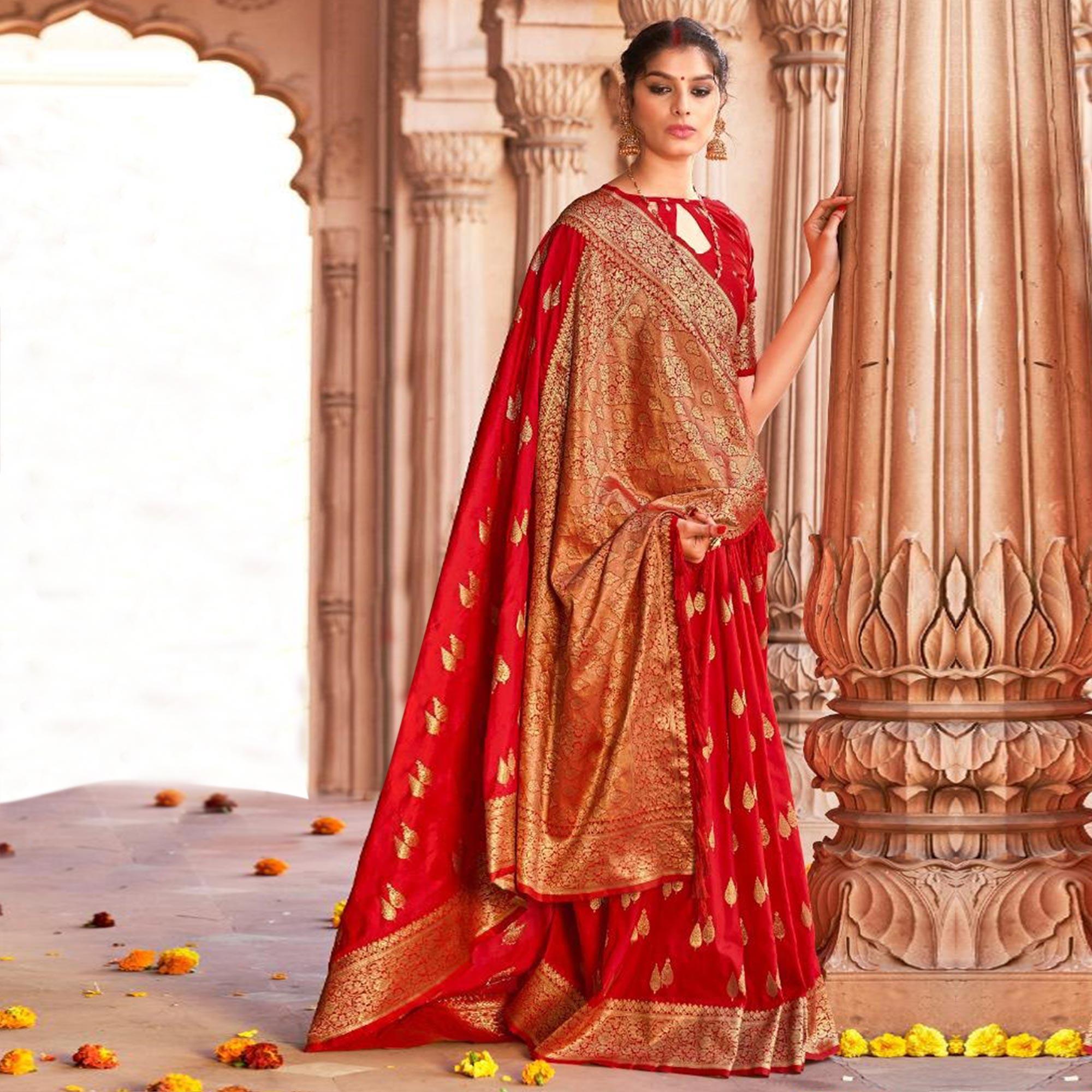 Red Festive Wear Woven Pure Satin Saree - Peachmode