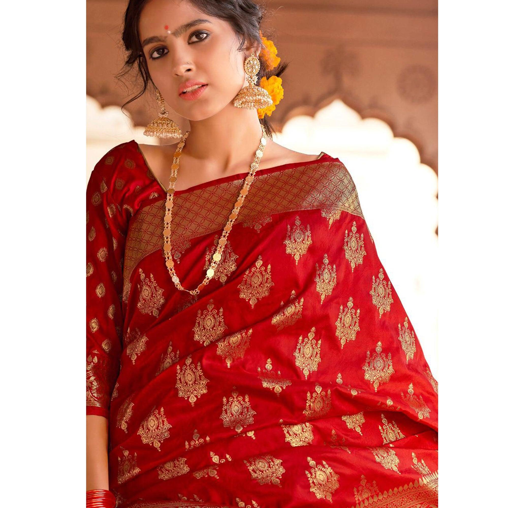 Red Festive Wear Woven Pure Satin Saree - Peachmode