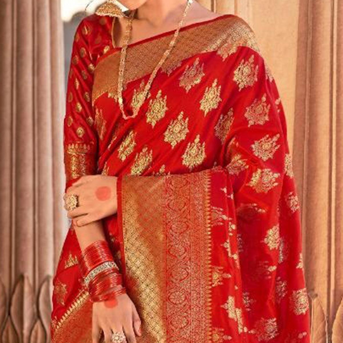 Red Festive Wear Woven Pure Satin Saree - Peachmode