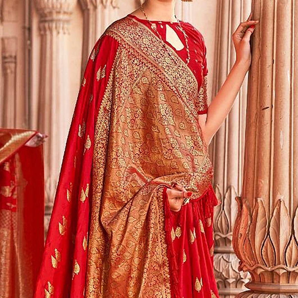 Red Festive Wear Woven Pure Satin Saree - Peachmode