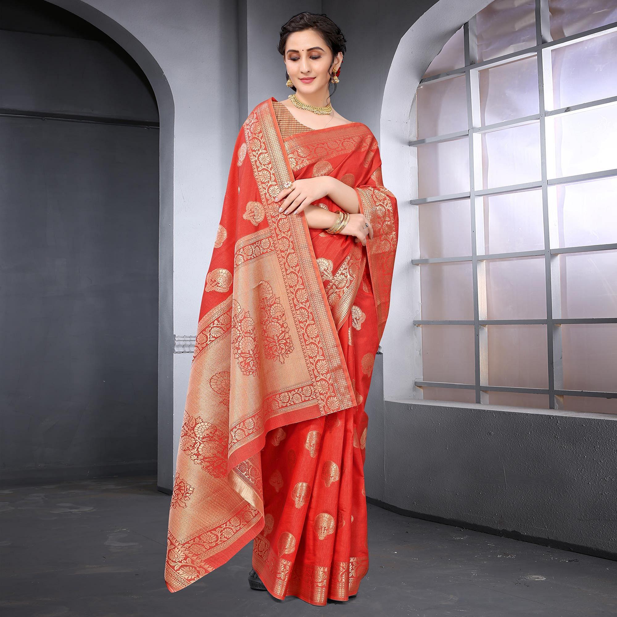 Red Festive Wear Woven Raw Silk Saree - Peachmode