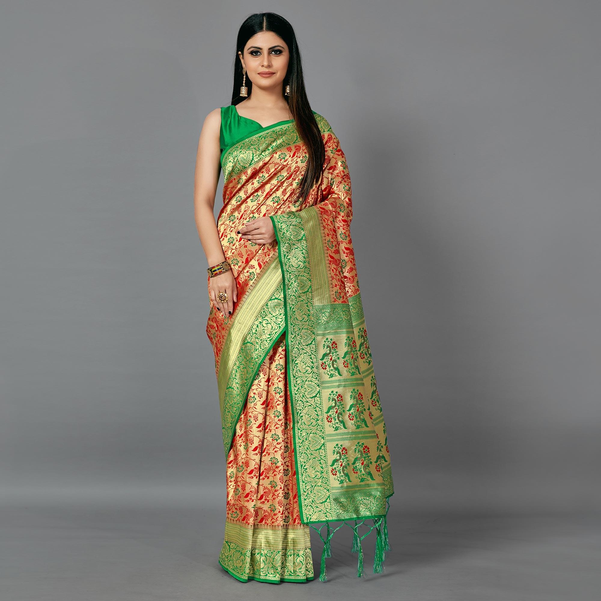 Red Festive Wear Woven Silk Blend Saree - Peachmode