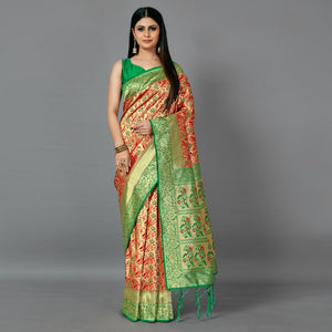 Red Festive Wear Woven Silk Blend Saree - Peachmode