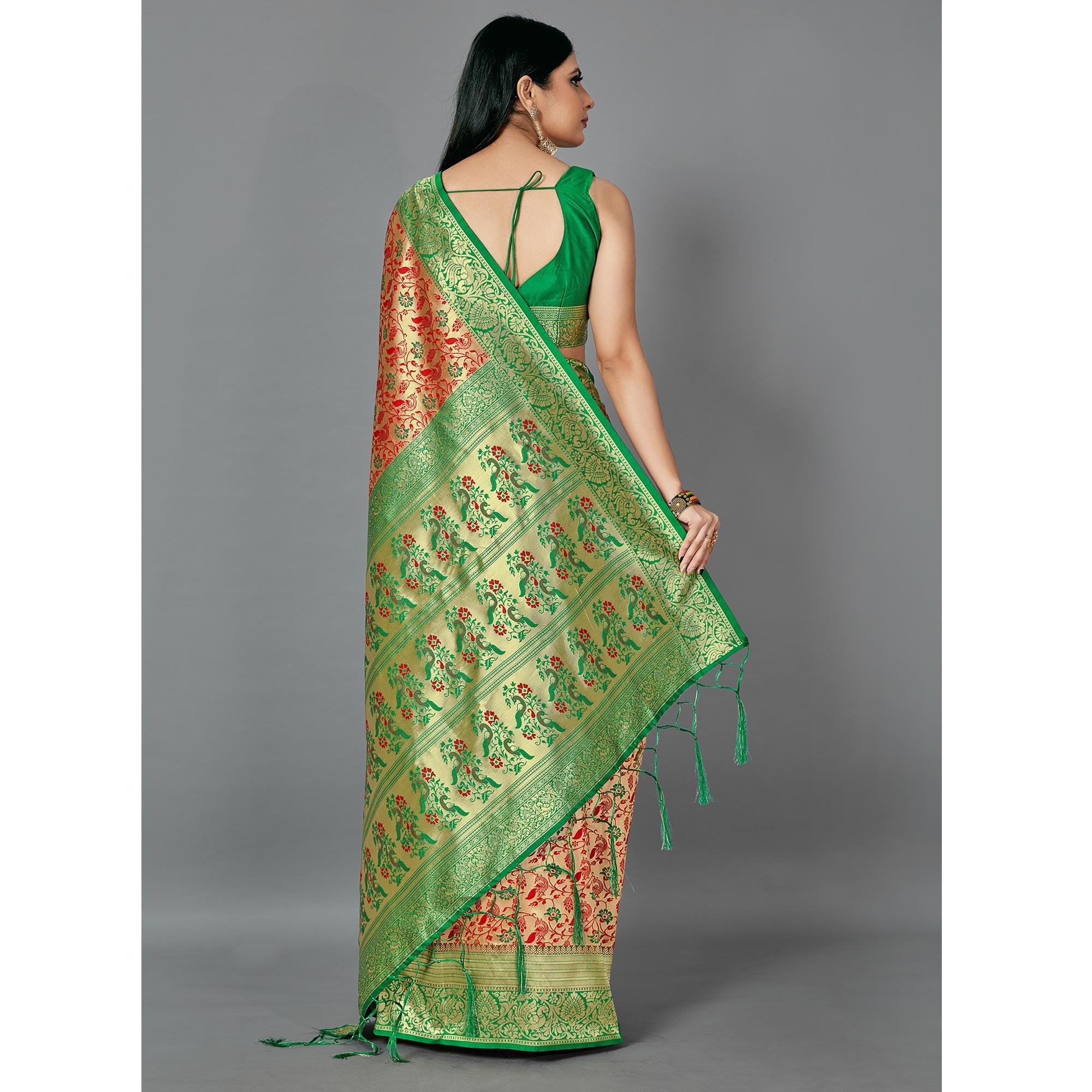 Red Festive Wear Woven Silk Blend Saree - Peachmode