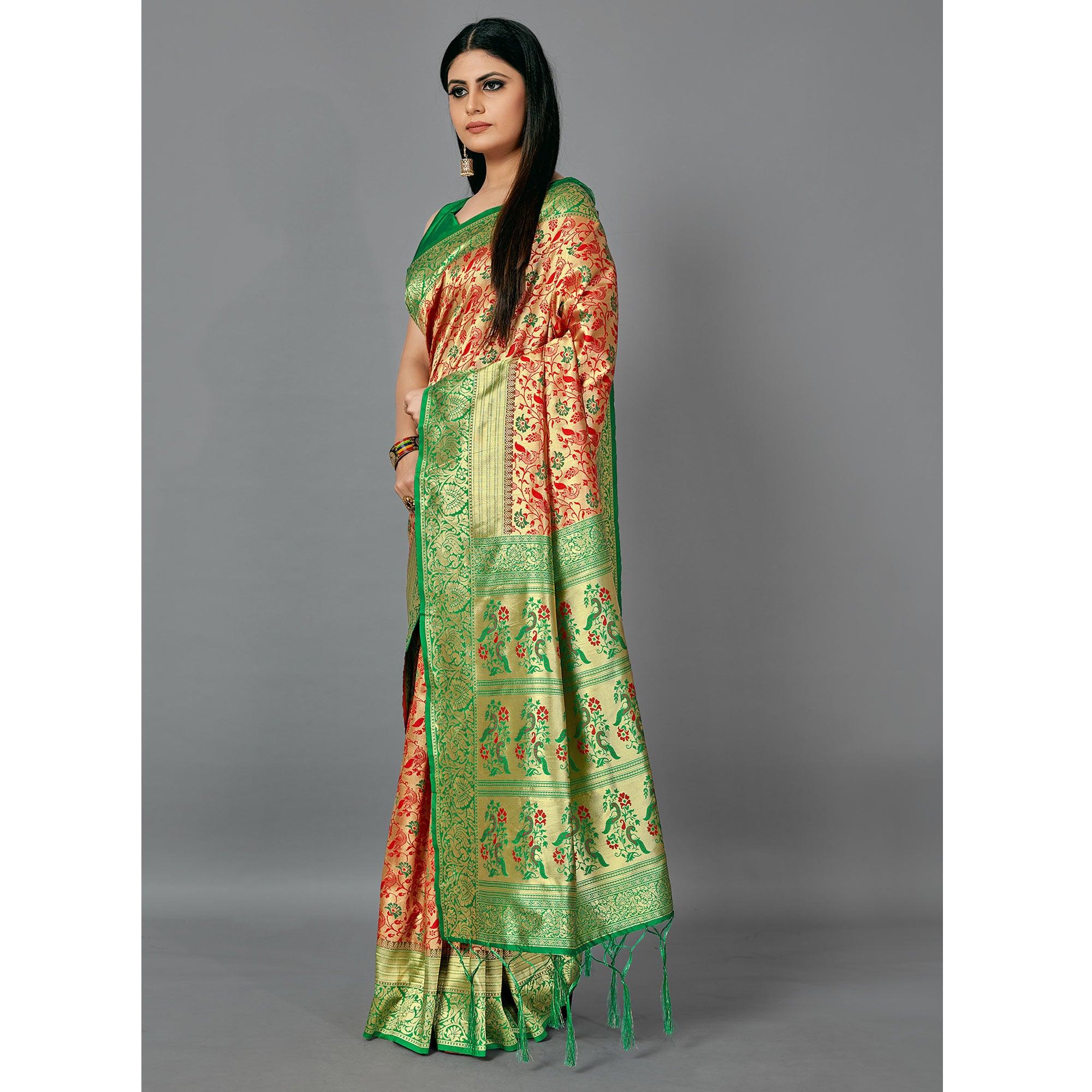 Red Festive Wear Woven Silk Blend Saree - Peachmode